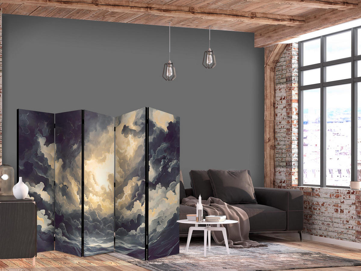 PARAVÁN Obojstranný 5-Dielny 225x172 cm Oblaky s 3D Efektom - sivá, drevo/textil (225/172/3cm) - Muralo
