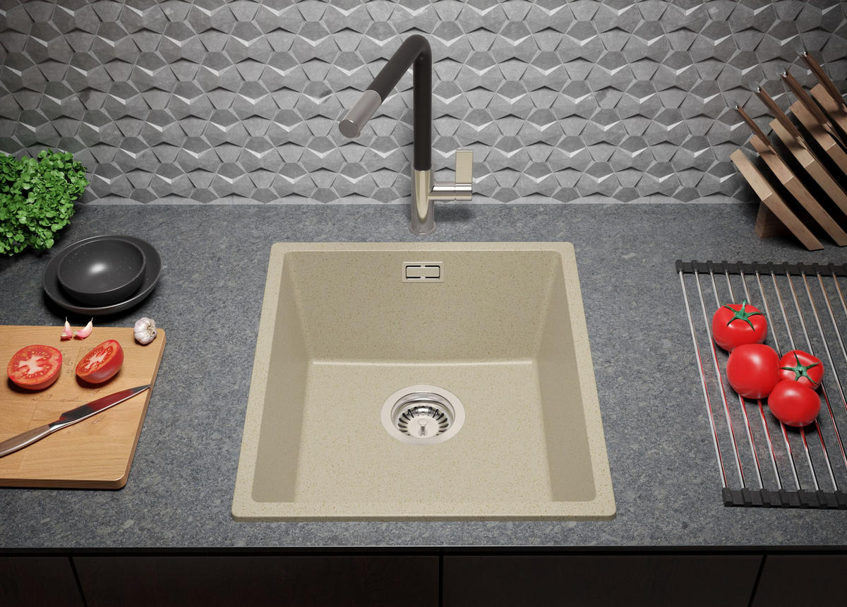GRANITSPÜLE London Slim, 2-er set Beige 41/47 cm 1 Becken + Küchenarmatur 32/20 cm + Ablauf-Set ab 45er Unterschrank - Chromfarben/Beige, Kunststoff (41/20/47cm) - Primagran