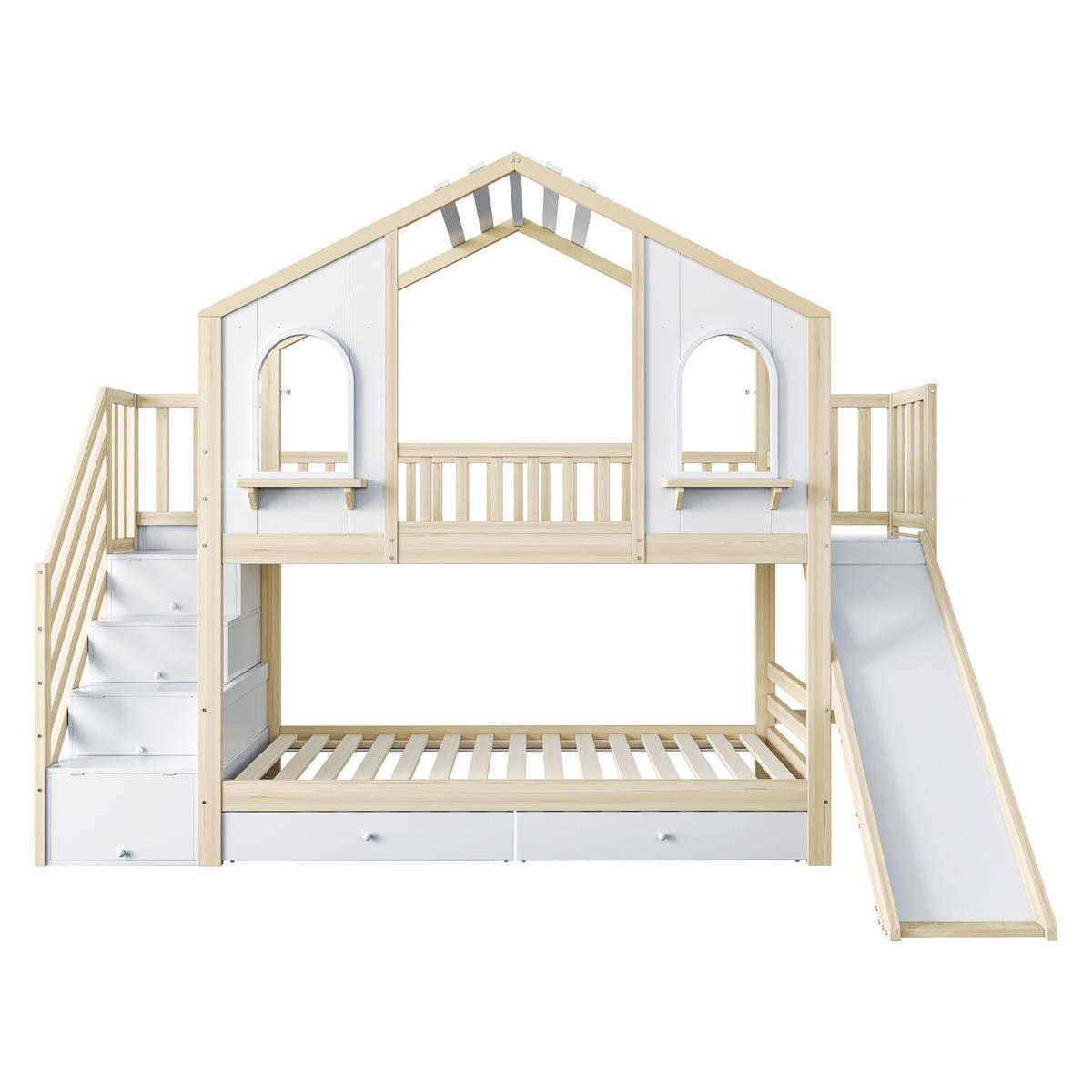 ETAGENBETT 90/200 cm & 90/200 cm in Natur & Weiß mit Rutsche, Regalen und 2 Schubladen - Weiß/Naturfarben, Holz/Holzwerkstoff (90/200cm) - WISHDOR