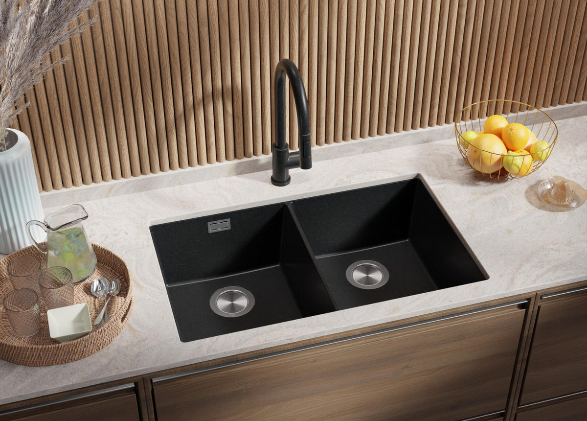 UNTERBAUSPÜLE GRANIT London Twin, 2-er set Anthrazit 76/47 cm 2 Becken + Ablauf-Set ab 80er Unterschrank - Chromfarben/Anthrazit, Kunststoff (76/20/47cm) - Primagran