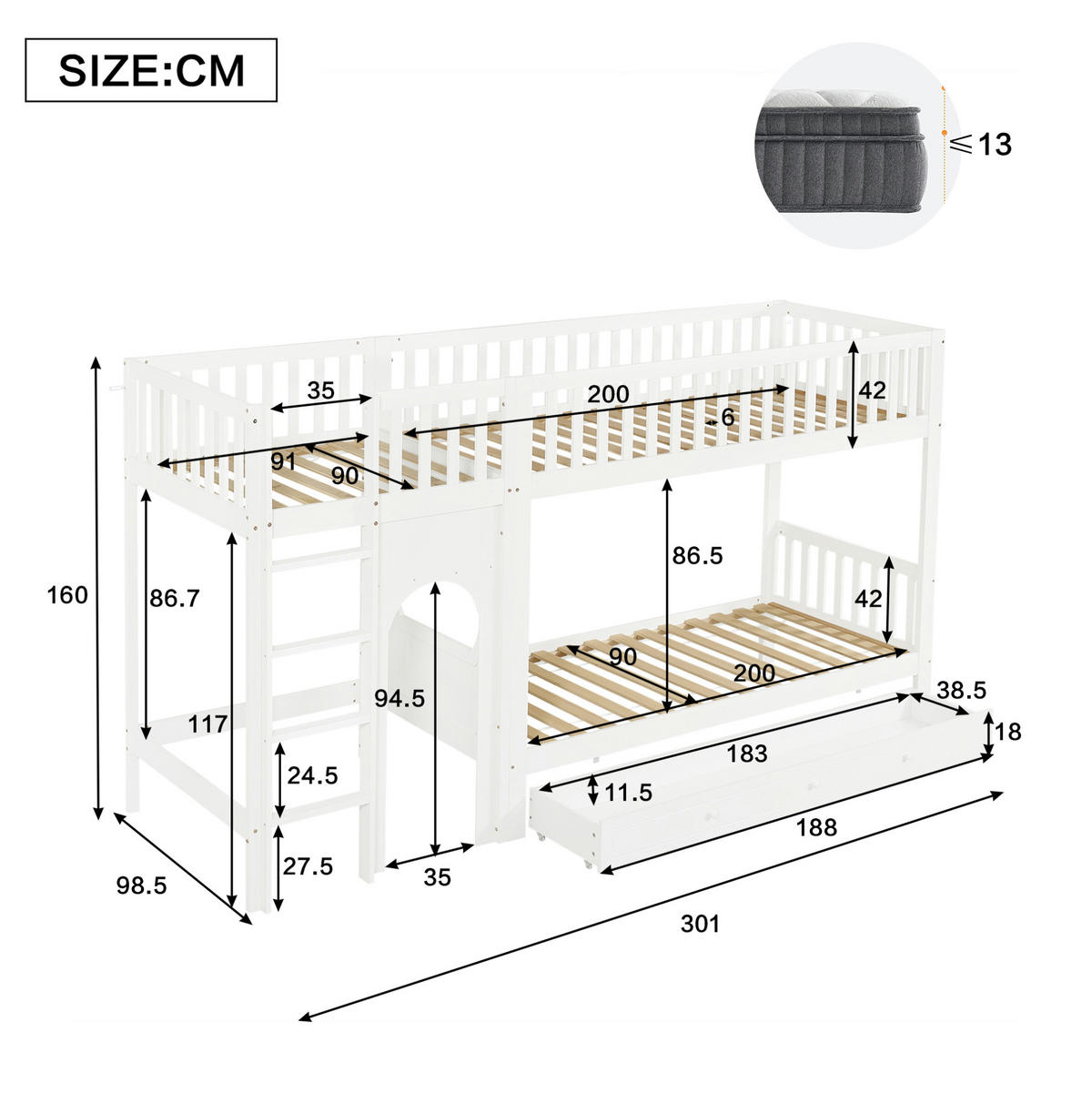 ETAGENBETT aus Kiefer und MDF 90x200 cm Weiß/Natur mit gerader Leiter und vierseitigem Geländer - Weiß, Holzwerkstoff (90/200cm) - Modfu