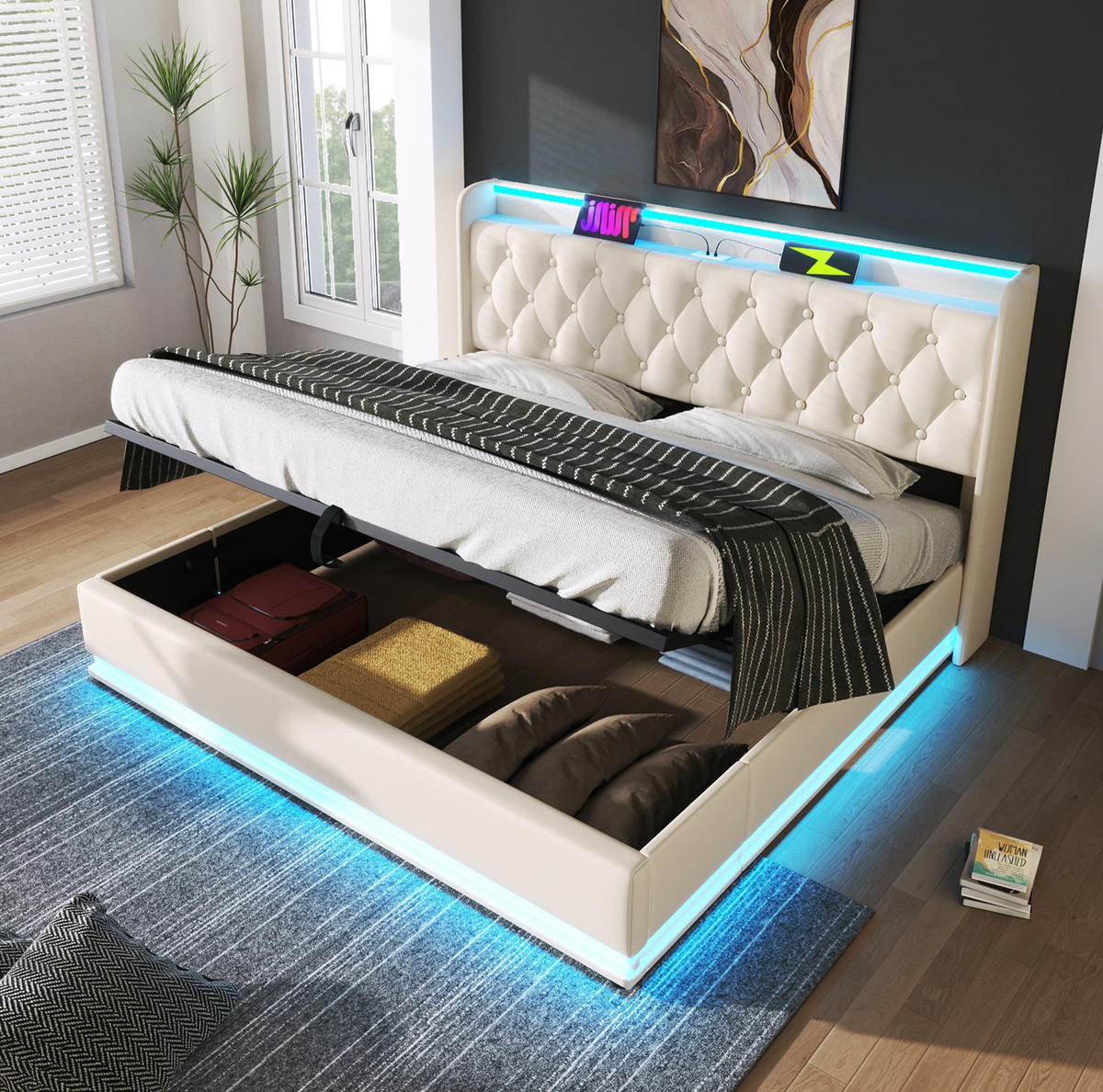 POLSTERBETT 180/200 cm Weiß mit 360-Grad-LED-Beleuchtung und USB-Anschluss - Weiß, Kunststoff (180/200cm) - OKWISH