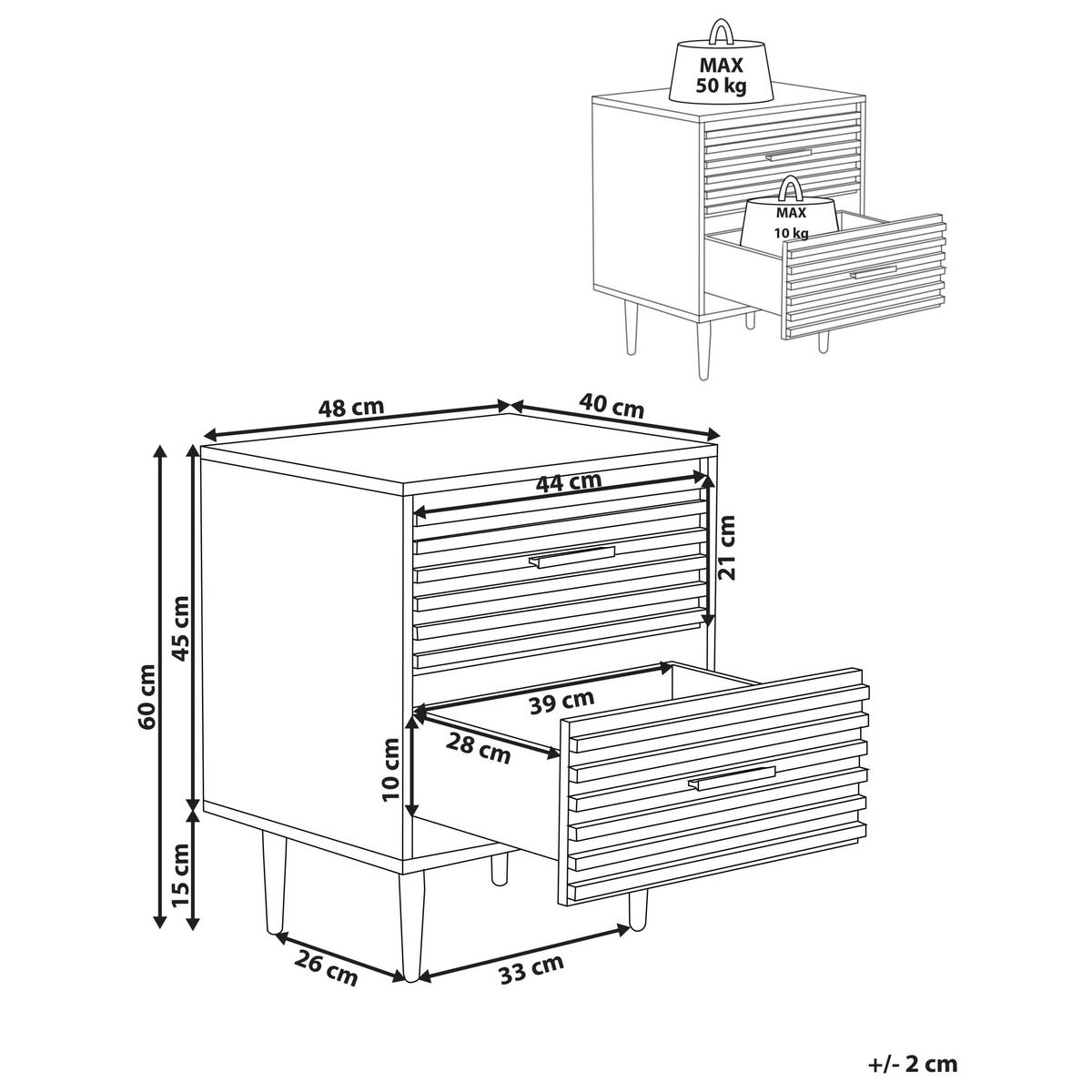 NACHTTISCH mit 2 Schubladen Hellbraun Keith - Hellbraun, Holzwerkstoff (40/48/60cm) - Beliani
