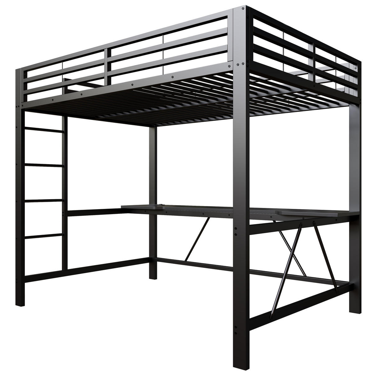 HOCHBETT 140/200 cm in Schwarz mit LED, USB und Schreibtisch - Schwarz, Metall (140/200cm) - CHICFURN