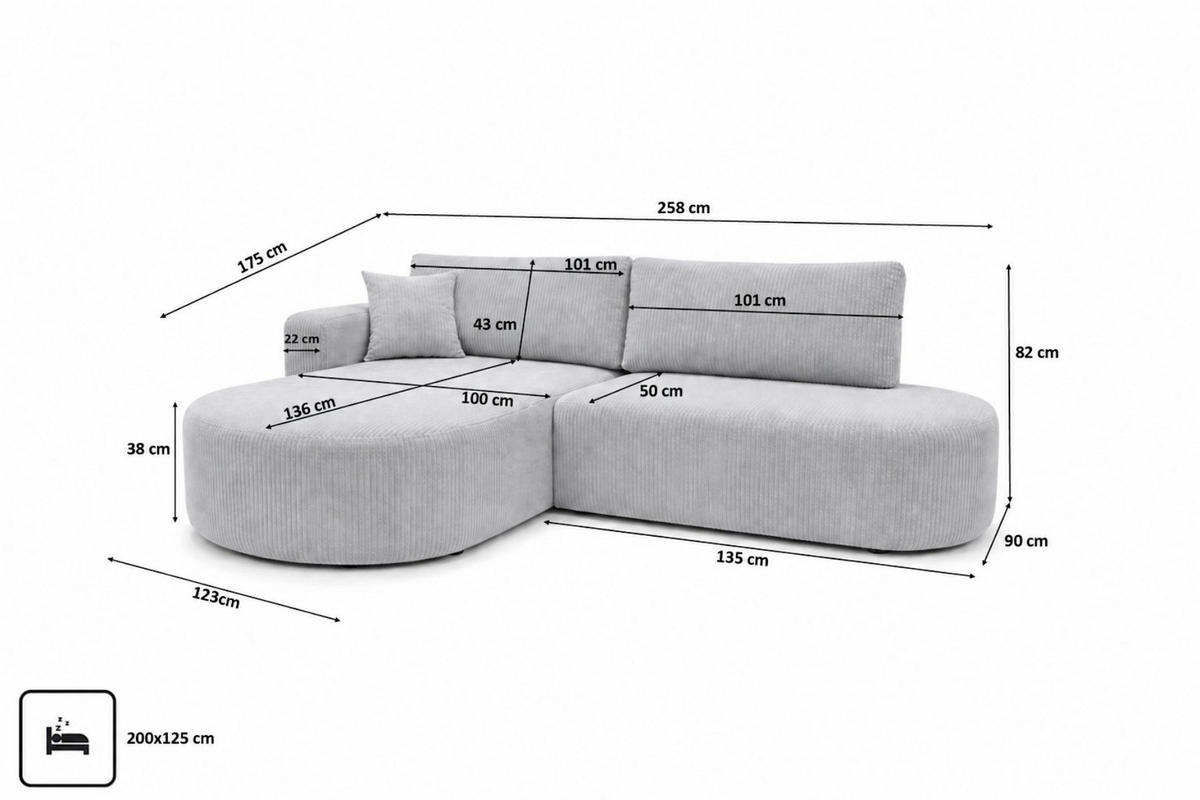 ECKSOFA Mit Schlaffunktion Und Bettkasten, Cordstoff Poso, Hellgrau, Links, ROUND ONE OPEN XL - Hellgrau, Holz (258/175cm) - Kaiser Möbel