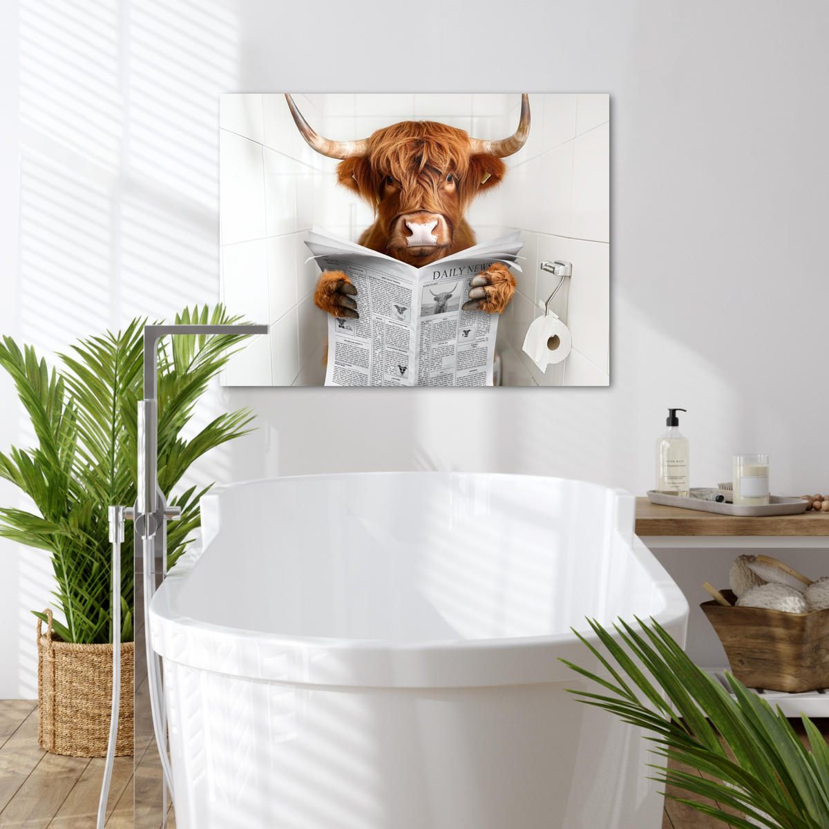 LEINWANDBILD Schottischer Highlander - Tier - Zeitung - Toilette 70x50 cm - Kastanienfarben, Textil (70/50cm) - MuchoWow