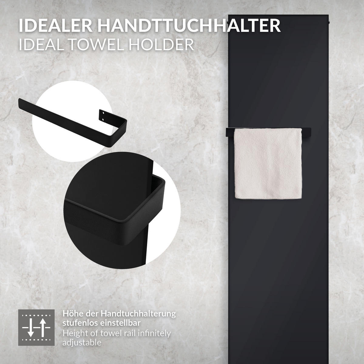 HANDTUCHHALTER 38 cm aus Stahl Schwarz Wandmontage für Bad & Küche - Schwarz, Metall (10/4/38cm) - LuxeBath