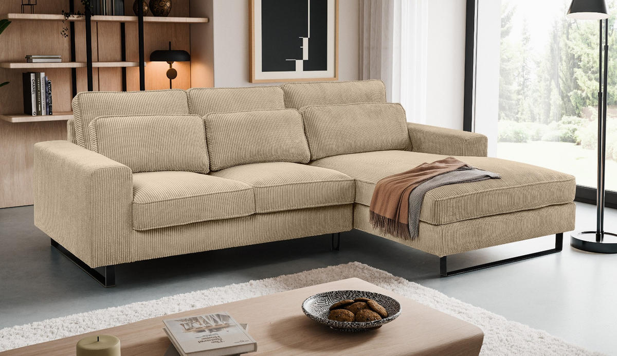 SOFA beige Cord 276 cm, Ecksofa 4-Sitzer, L-Sofa Ottomane rechts - Beige/Schwarz, Holz/Textil (276/183cm) - Inn.Furn