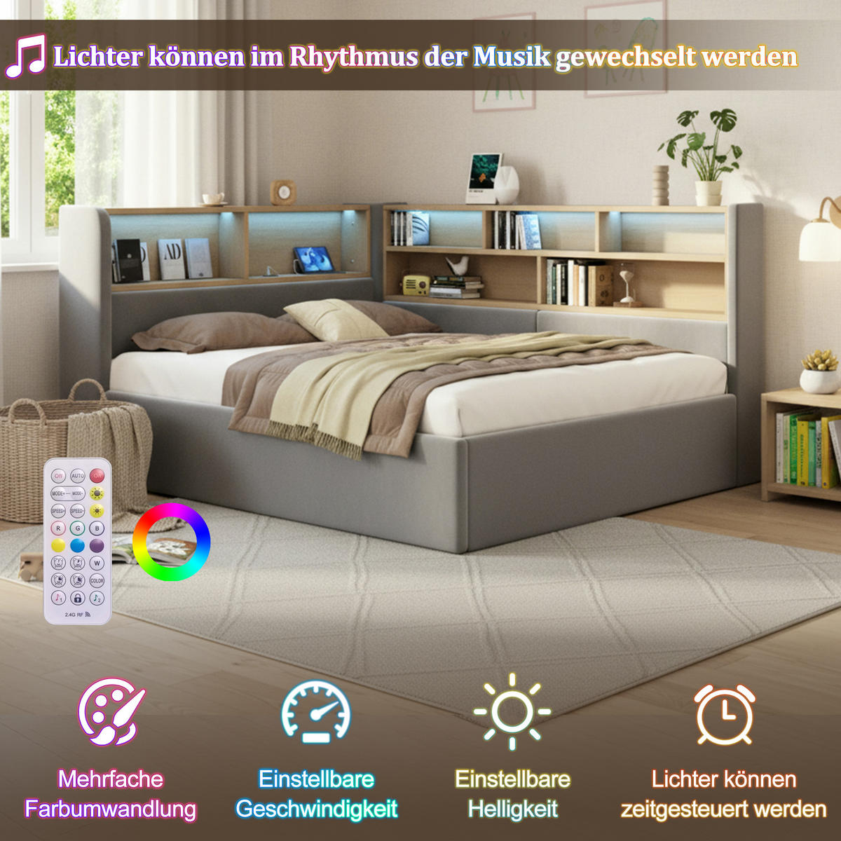 JUGENDBETT 140/200 cm in Grau Samt mit Bettkasten, LED und USB - Grau, Holzwerkstoff/Textil (140/200cm) - WISHDOR