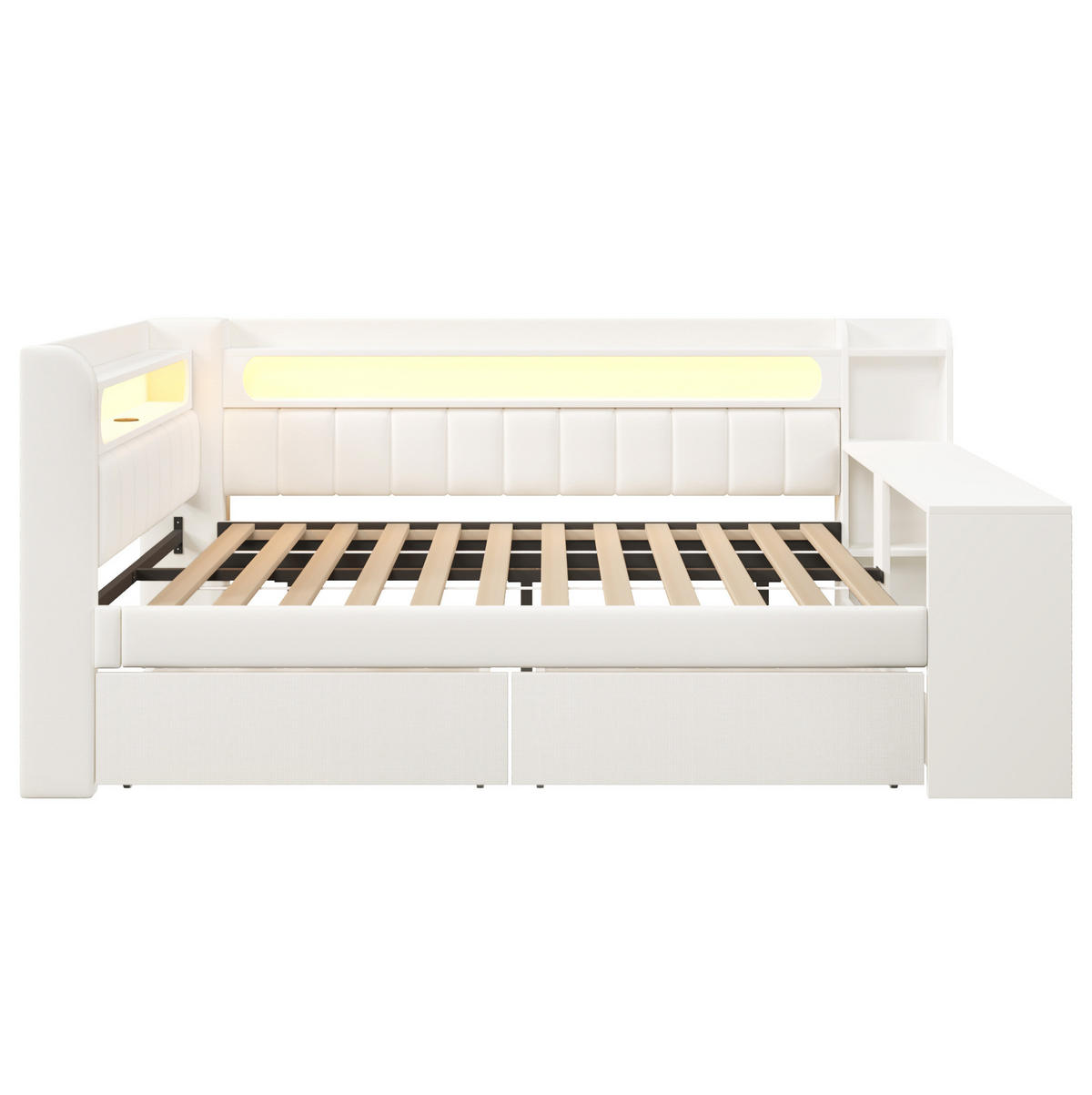 POLSTERBETT 140/200 cm mit LED-Beleuchtung, USB und Schreibtisch in Weiß - Weiß, Holzwerkstoff (140/200cm) - BEAOK