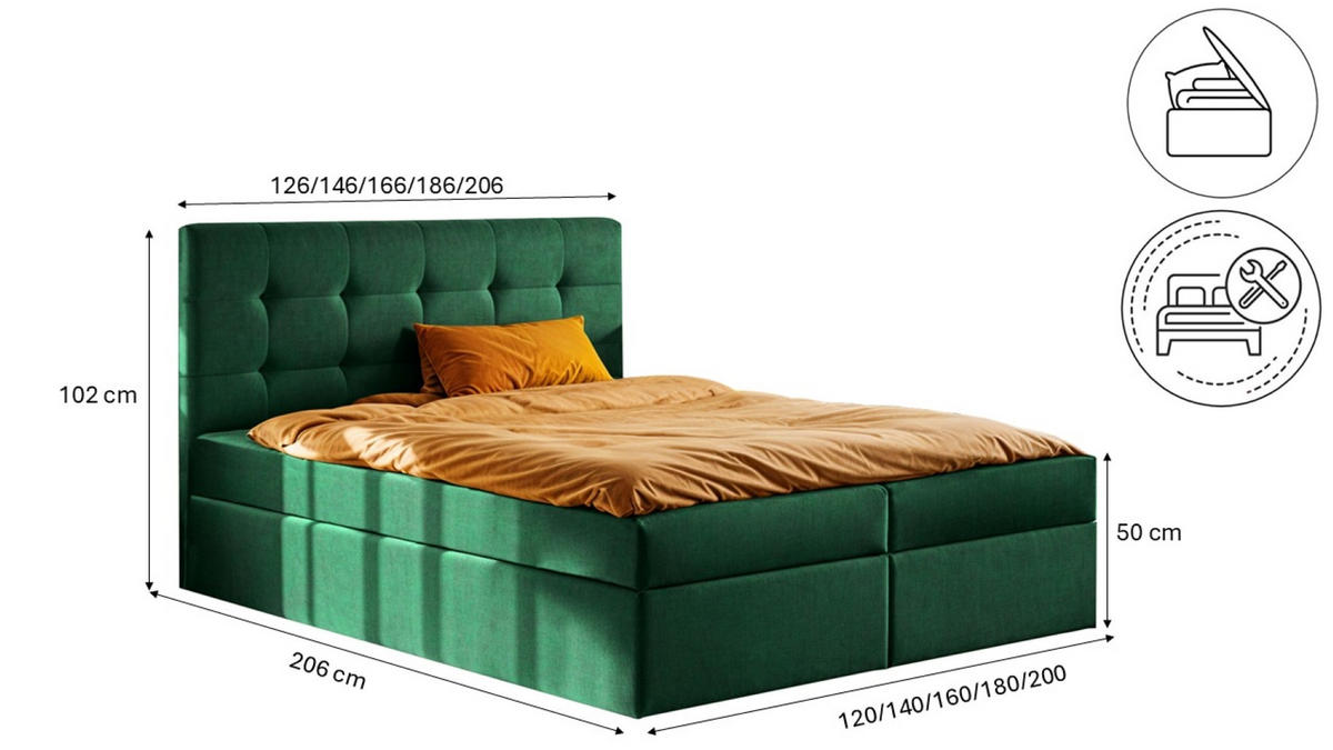 BOXBETT Mit Matratze Und Bettkasten LUDANO Stoff Noel Grün 120x200 cm H3-Bonell - Grün, Holz (120/200cm) - Kaiser Möbel