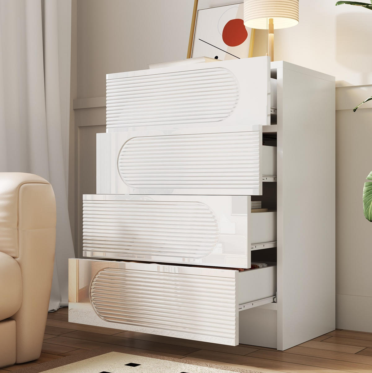 KOMMODE 60/38,5/85 cm mit 4 Schubladen – weiss, Hochglanz-Fronten - Weiß, Holzwerkstoff (60/85/38.5cm) - BEAOK