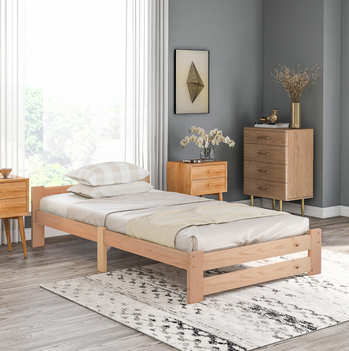 EINZELBETT aus massivem Kiefernholz 90x200 cm Natur mit Lattenrost - Naturfarben, Holz (90/200cm) - IVMEU