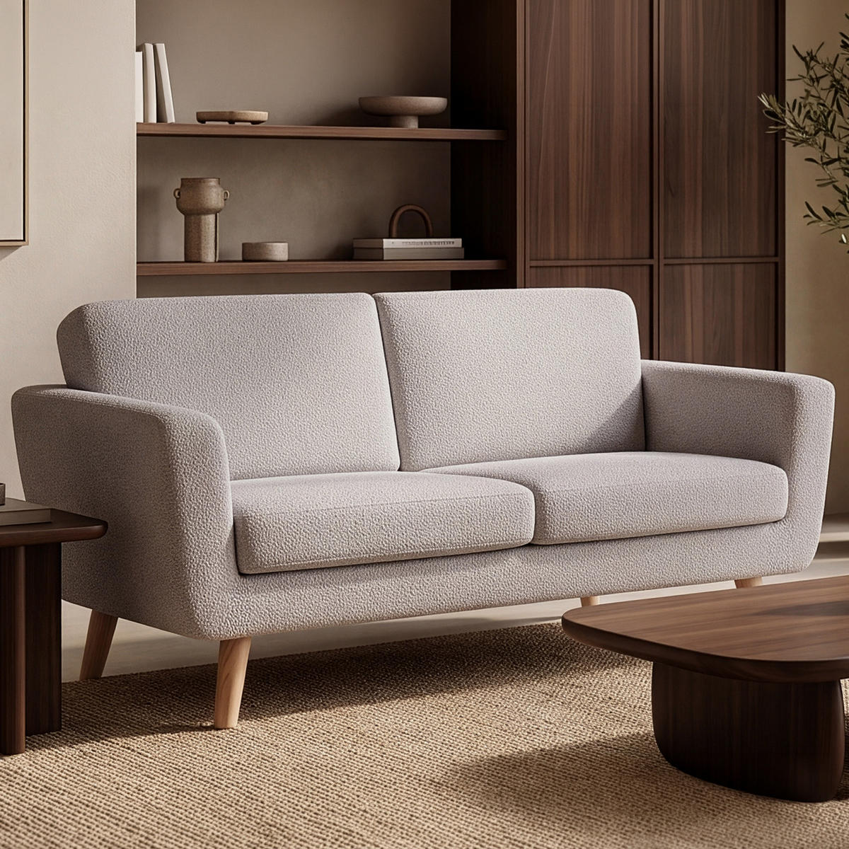 SOFA TAGIO mit Armlehnen, Hellgrau - Hellgrau/Braun, Buchenholz/Textil (153/80/84cm) - KONSIMO®