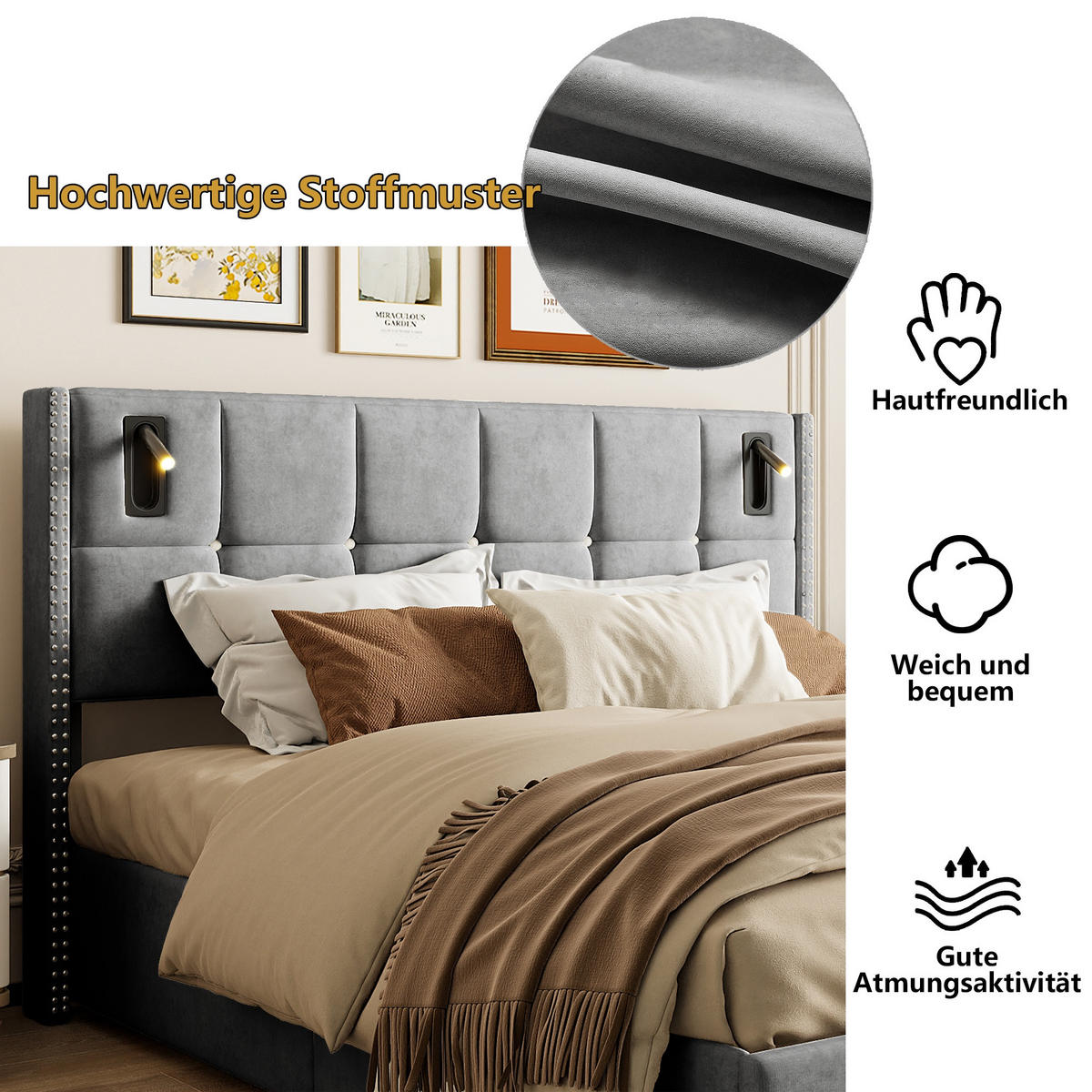 BETT mit Stauraum 140/200 cm, mit 2 zylindrischen LED-Lampen, Stauraum, USB-A/C-Aufladung, Holzlattenrost, Metallrahmen, gepolstertes Samtbett – Grey - Grau, Holzwerkstoff (140/200cm) - Brevoria
