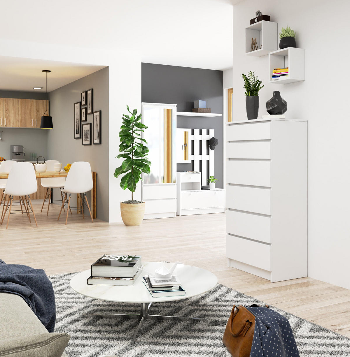 KOMMODE K60 6 Schubladen, 60x40x130 cm, Weiß - Weiß, Holz (60/130/40cm) - Milordbikes