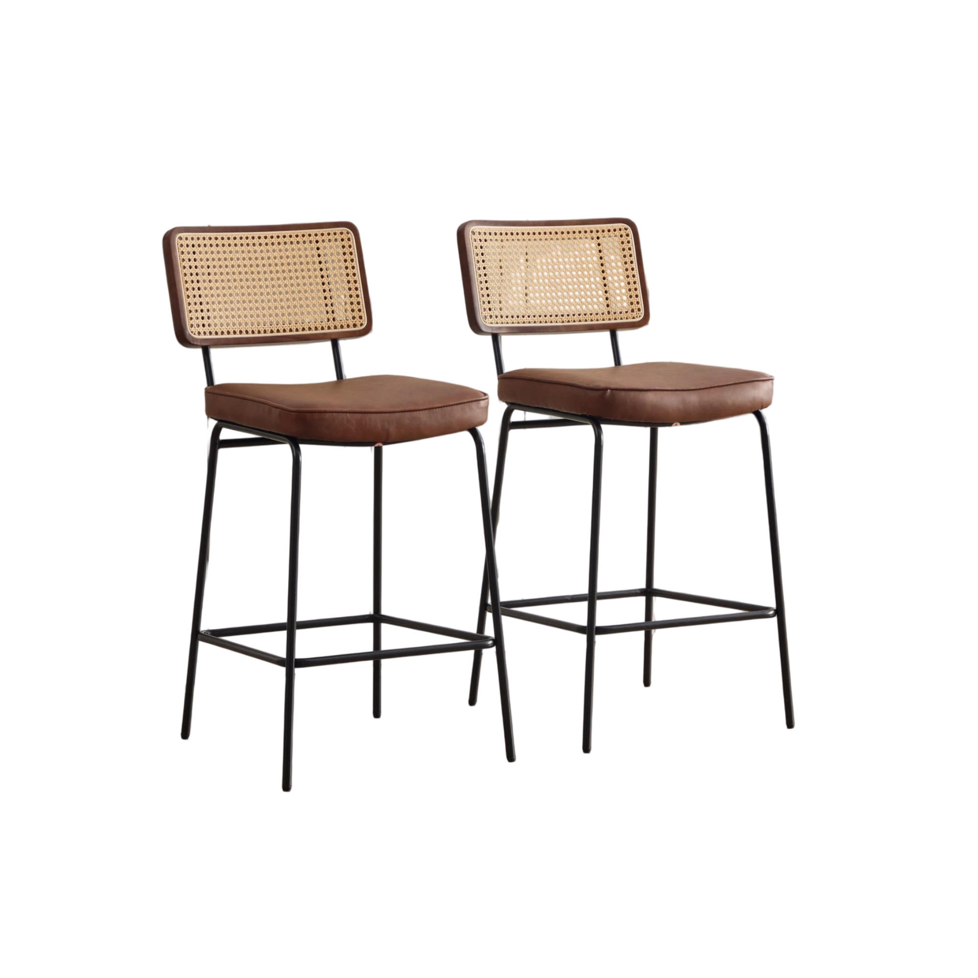 BARHOCKER DE-36881 2er-Set mit PU-Leder und Rattan-Optik Braun - Braun, Metall (59.8/96.5/46.2cm) - ComfortXL