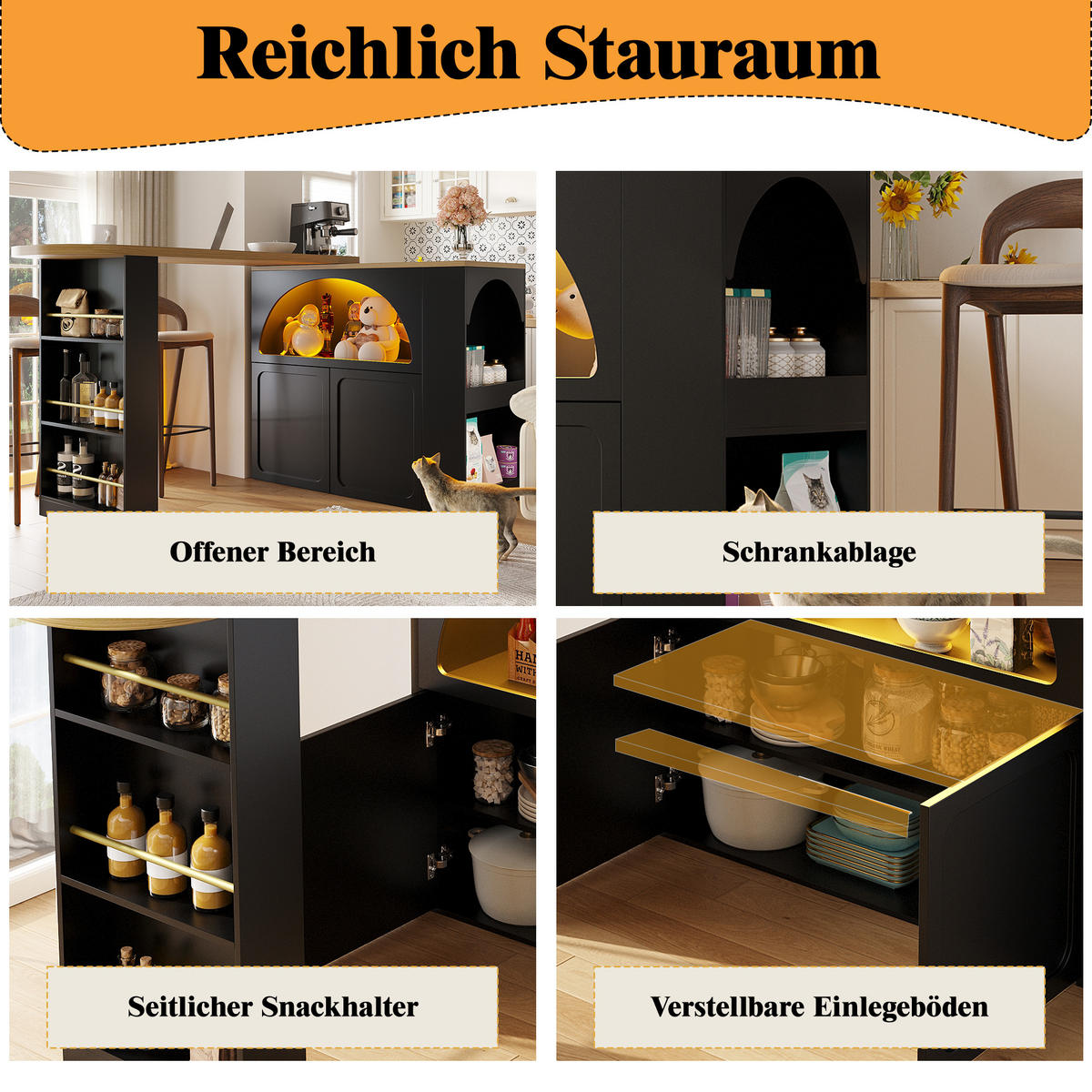 BARTISCH Ausziehbar 135-205cm LED Stauraum Schwarz - Schwarz, Holzwerkstoff (39/135/100cm) - FLIEKS
