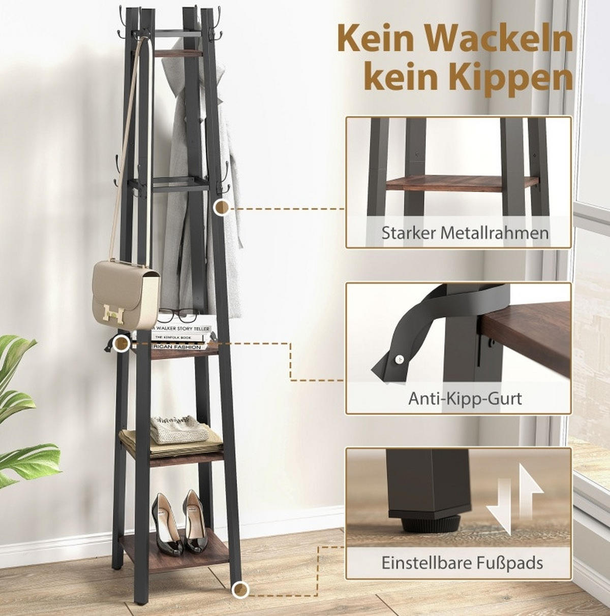 STANDGARDEROBE mit 8 Haken und 4 Ablagen, Industrial-Look, 34,8/34,8/179 cm - Braun, Holz (34.8/179/34.8cm) - BEAOK