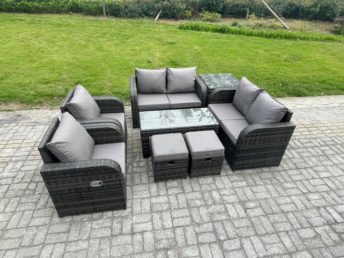 GARTENSOFA SET mit LIEGESTUHL Polyrattan 8-Sitzer Dunkelgrau - Dunkelgrau/Grau, Glas/Kunststoff - Fimous