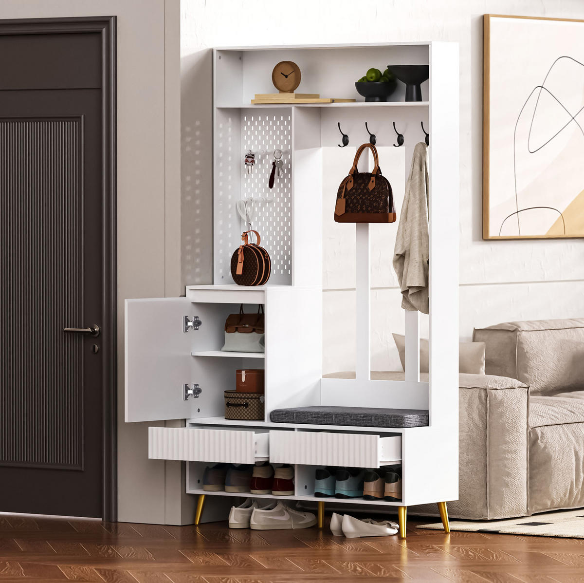 GARDEROBENSET mit Sitzbank 100 x 35 x 180 cm MDF Weiß - Weiß, Holzwerkstoff (35/180/100cm) - Beauniv