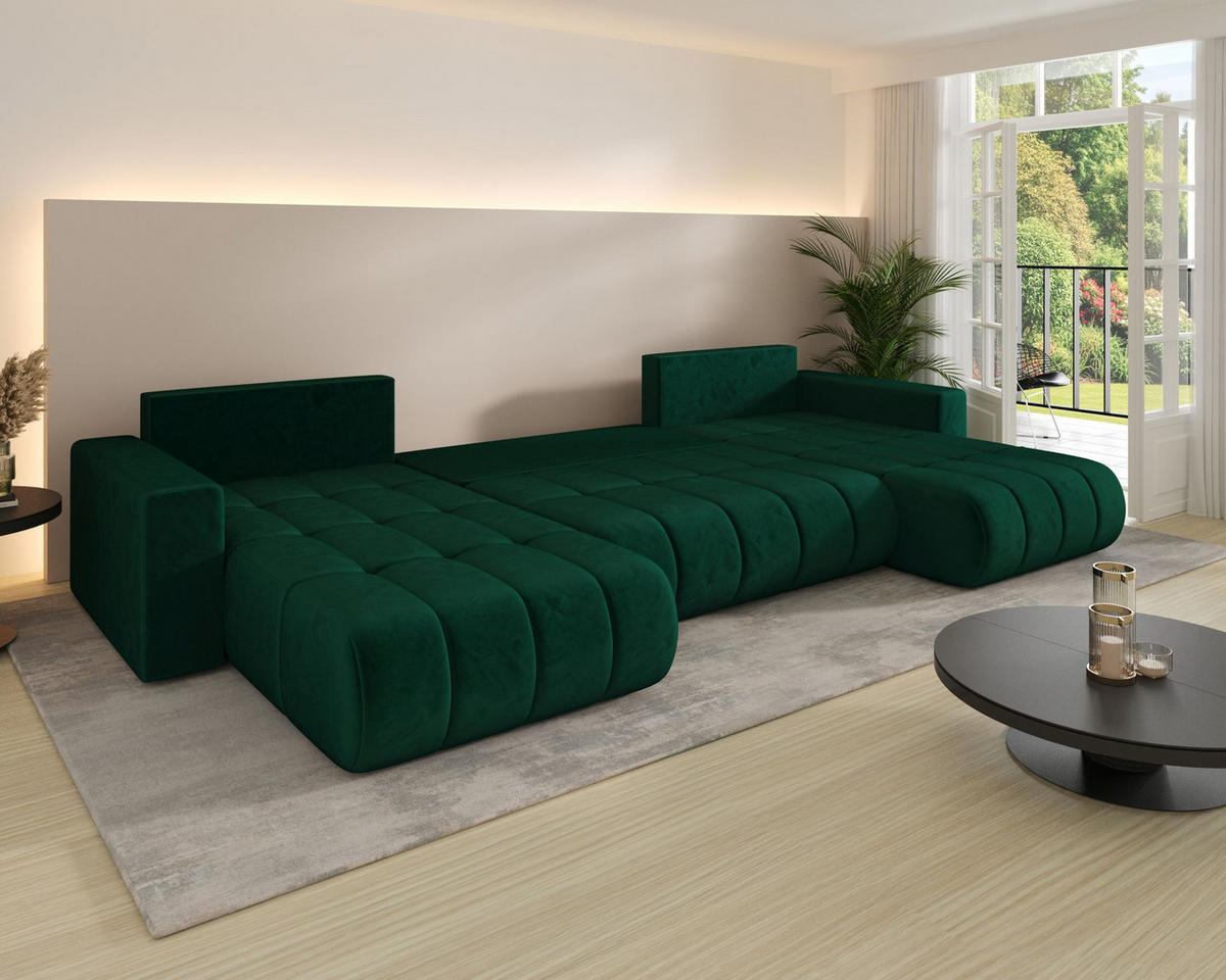 ECKSOFA LARA PREMIUM U-Form hellgrau Velours Monolith 84 - Schlaffunktion, Bettkasten - Hellgrau, Textil (385/175cm) - Cornero