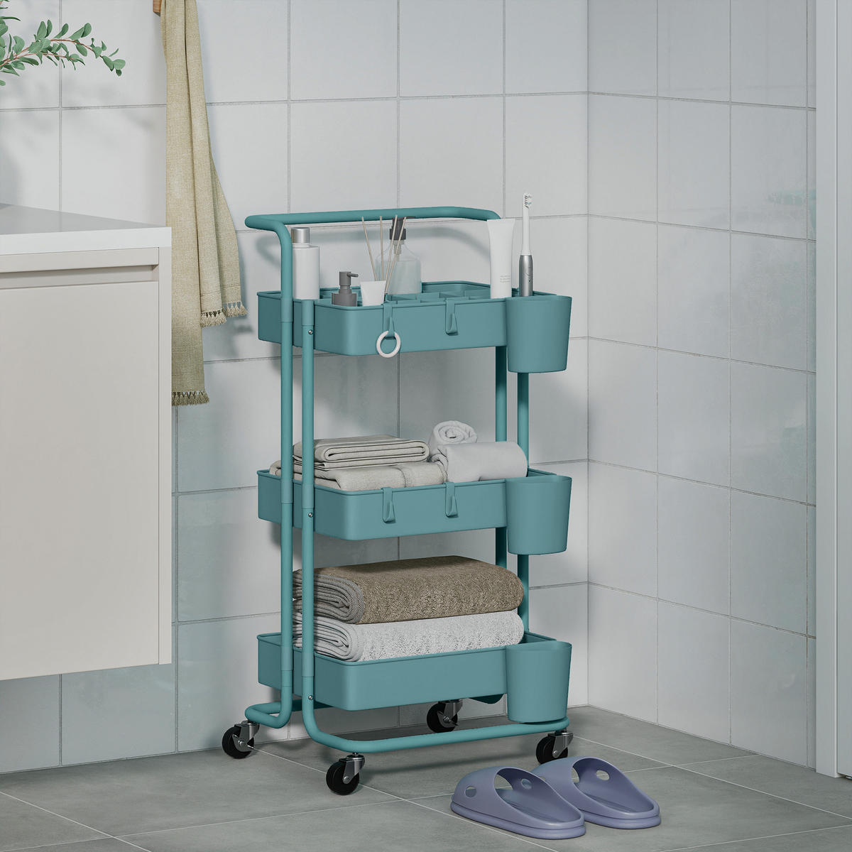 SERVIERWAGEN DE-12544 3 Ebenen mit Haken & Hängeboxen 42/38/86,5 cm Blaugrün - Weiß, Kunststoff (38/86.5/42cm) - ComfortXL