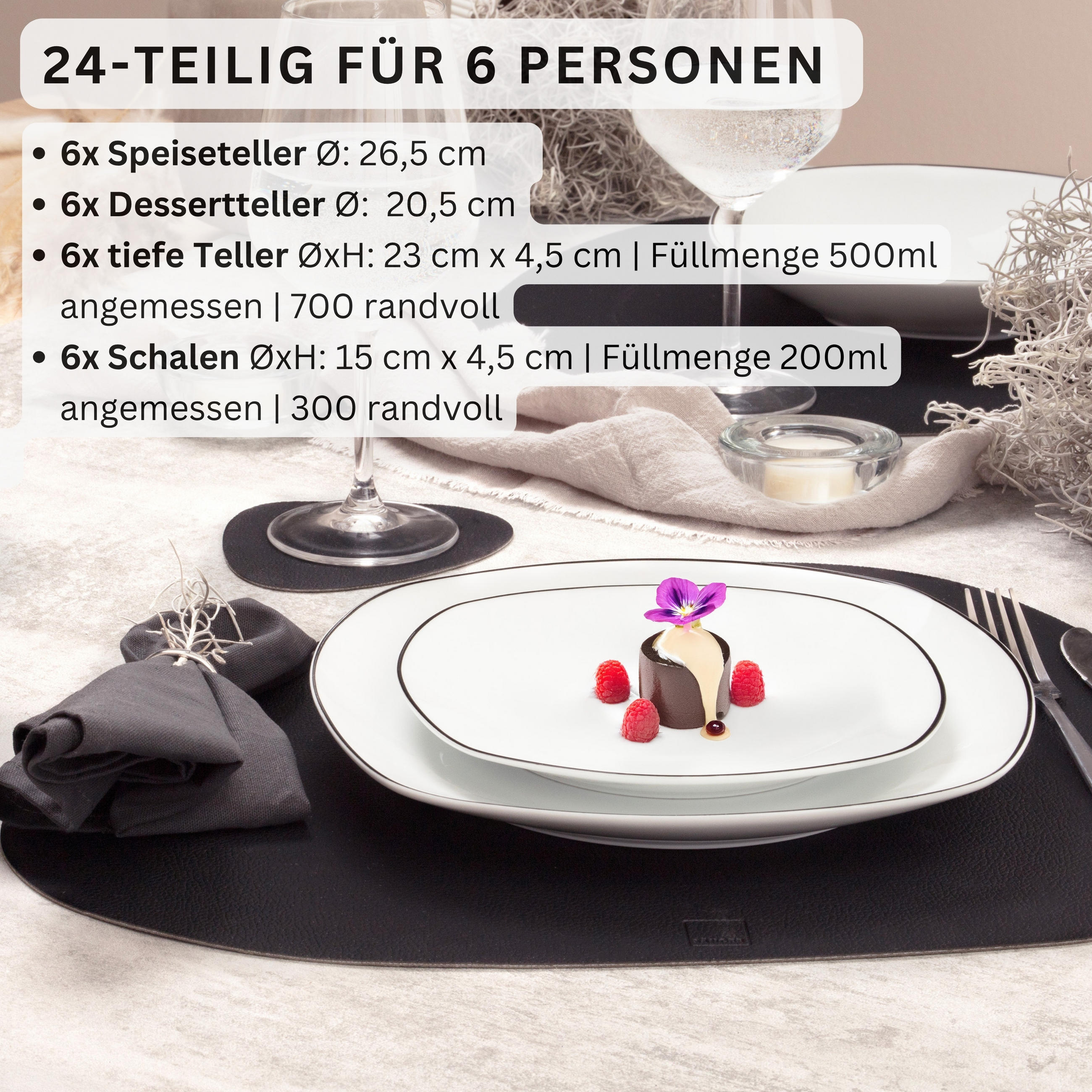 TAFELSERVICE BILGOLA BLACK RIM - 24 teilig aus Porzellan - Weiß, Stein (25/5/25cm) - Sänger
