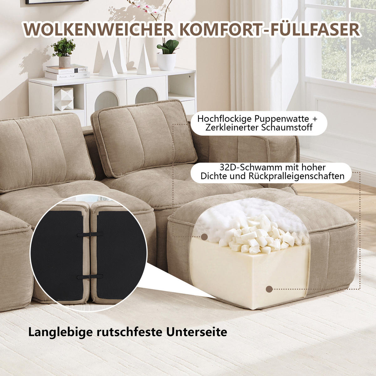 SOFA modular ohne Montage Polyester Sand - Sandfarben, Textil (217/67/93cm) - IVMEU