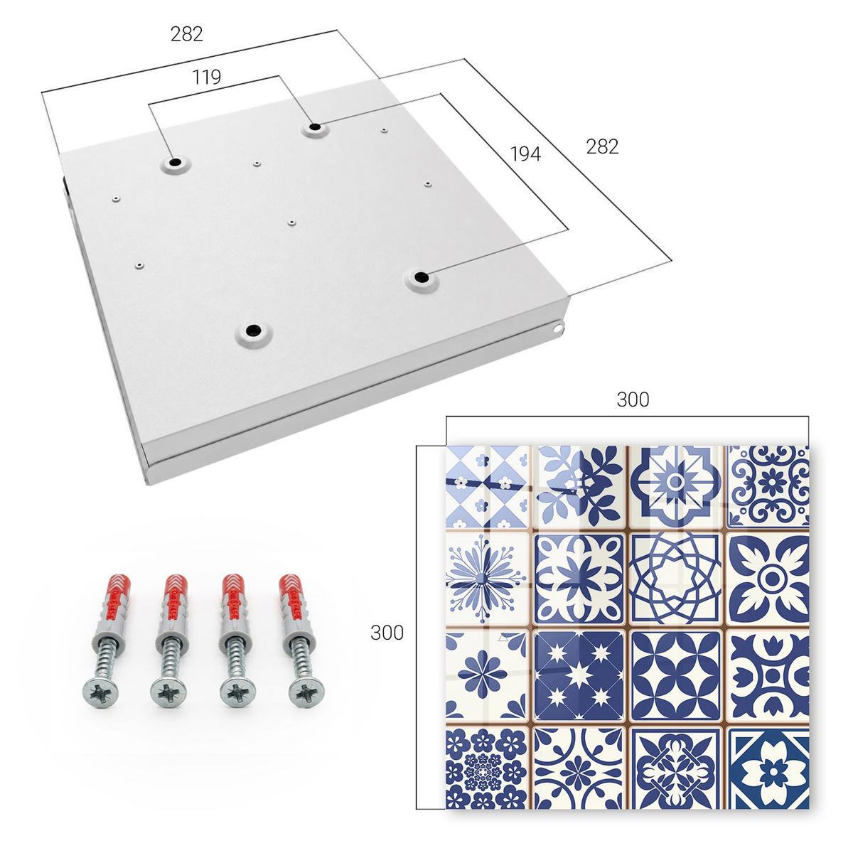 SCHLÜSSELBOX Weiß 30x30 cm – Türöffnung nach rechts - Retro-Mosaik - Blau, Metall (30/30/5cm) - TULUP