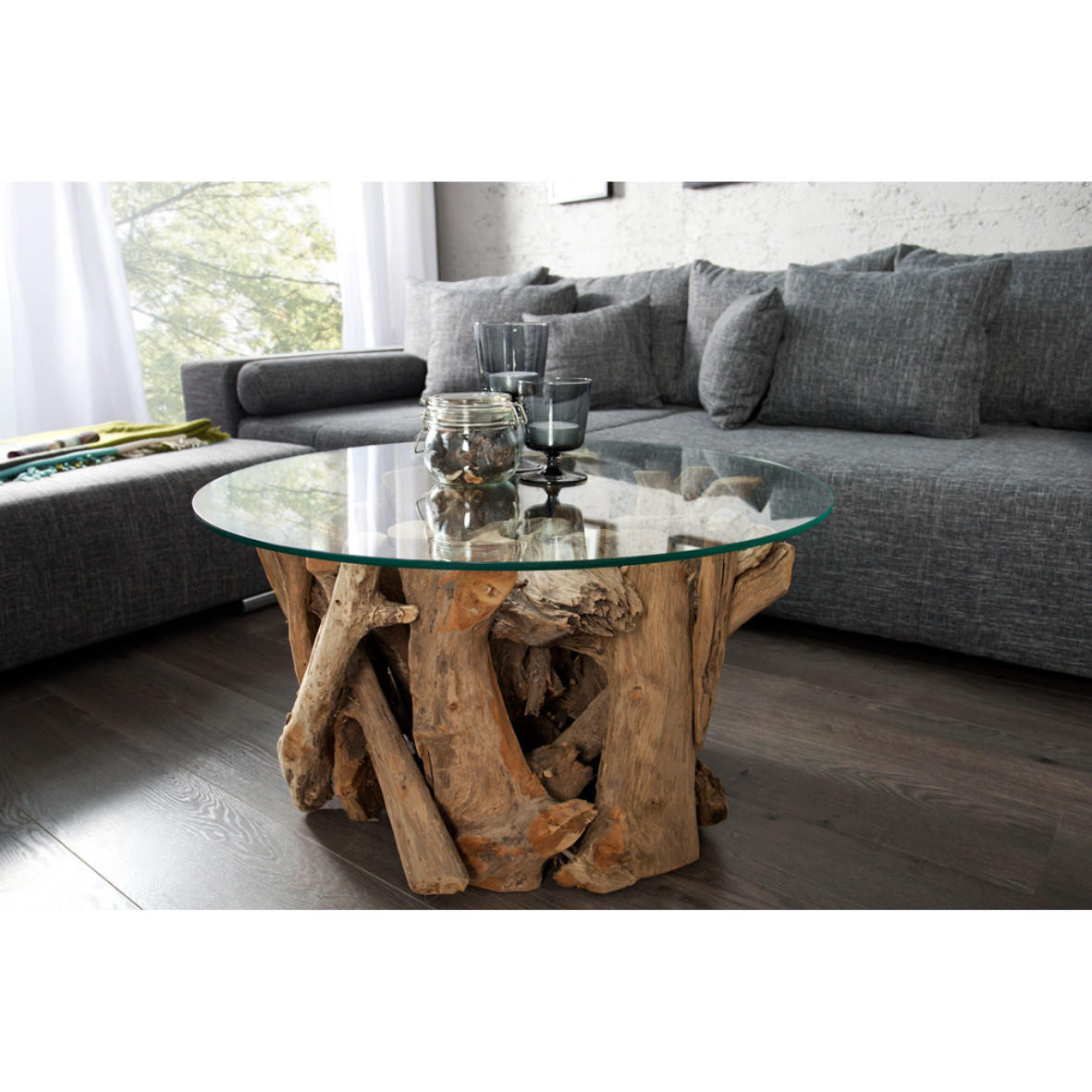 COUCHTISCH NATURE LOUNGE Teakholz rund 60cm - Transparent/Braun, Glas/Holz (60/60/40cm) - riess-ambiente
