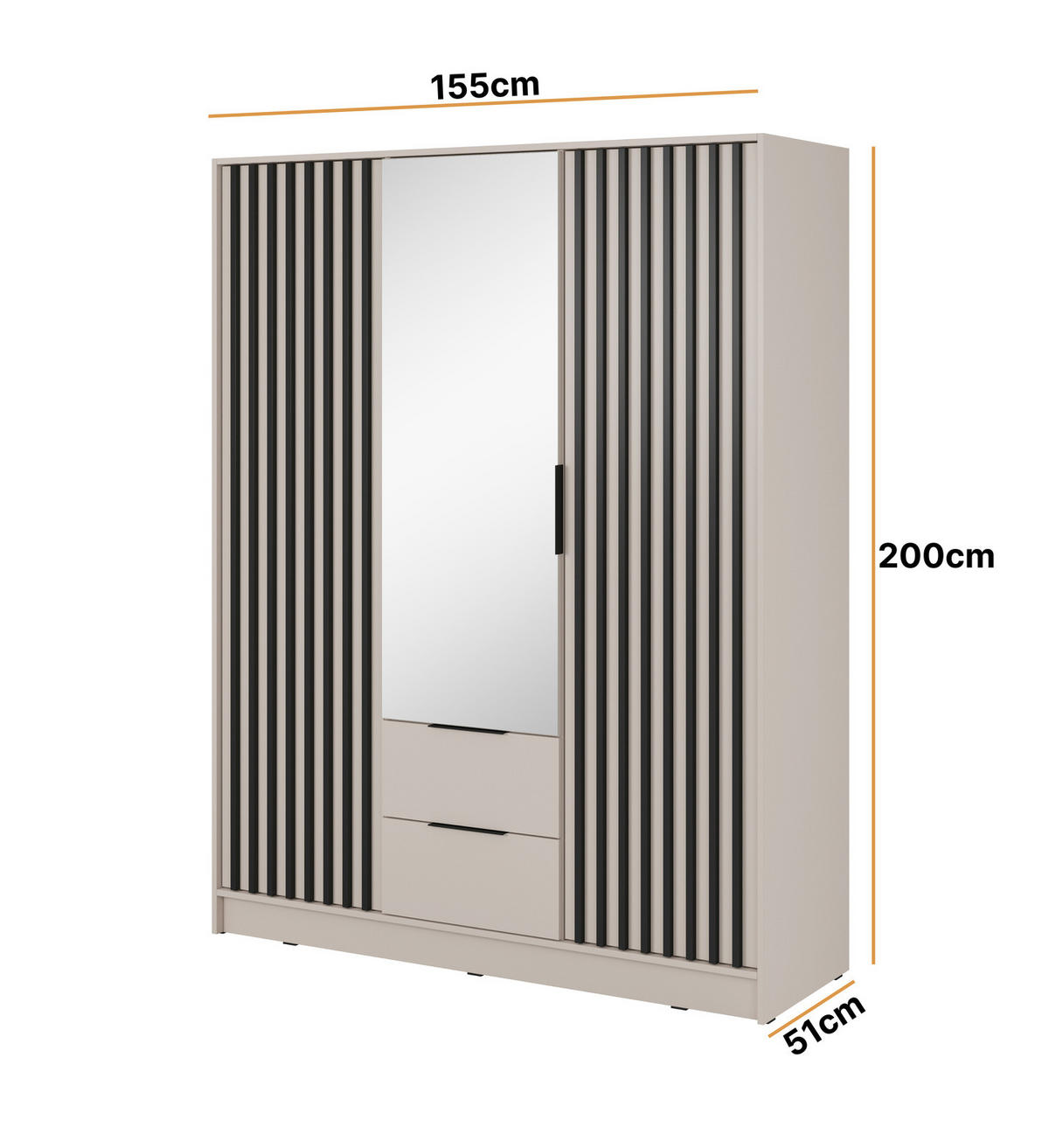 KLEIDERSCHRANK Stilo in Kaschmir, dreitürig, mit Spiegel und Lamellen an der Front - Kaschmir/Schwarz, Leder/Holzwerkstoff (155/200/51cm) - Ravio