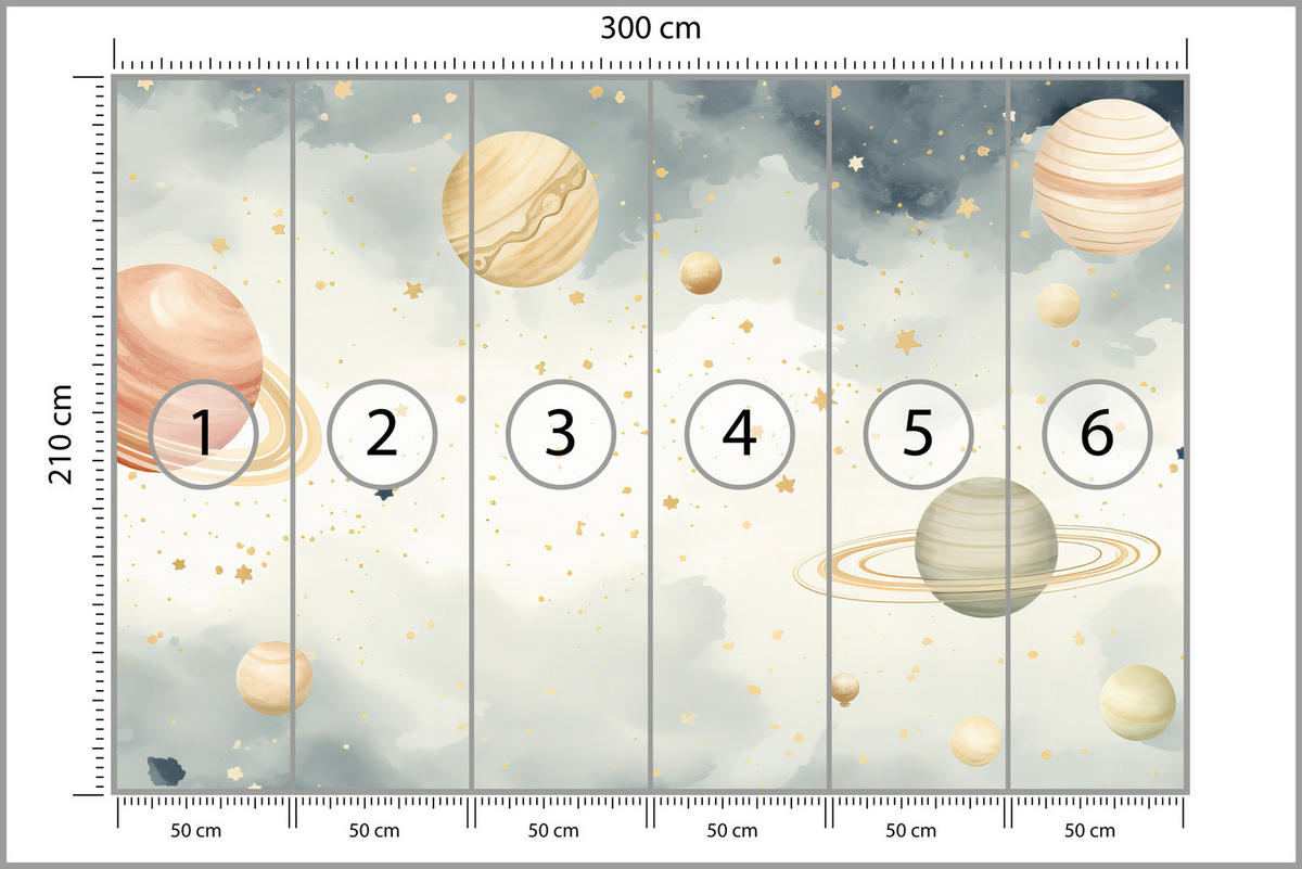 FOTOTAPETE für Kinderzimmer Pastell Planeten Saturn Uran Sterne 300x210 - Blau/Ecru, Papier (300/210cm) - Muralo