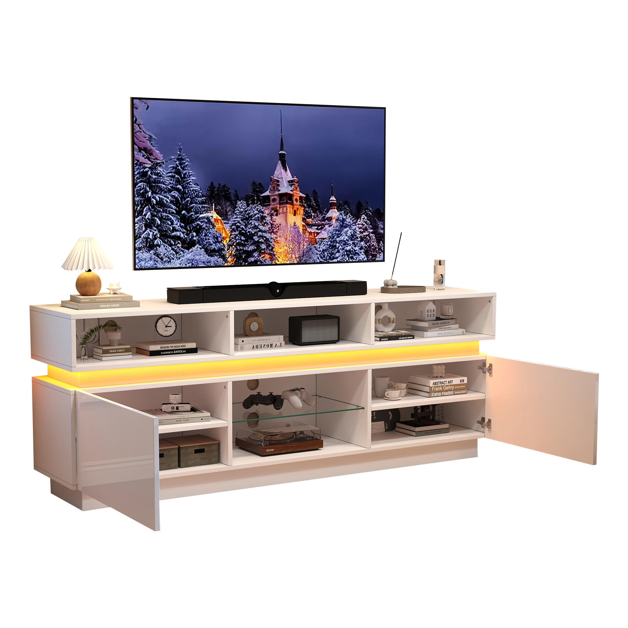TV-ELEMENT mit 10 Fächern 160 x 35 x 60 cm MDF Weiß mit LED - Weiß, Holzwerkstoff (35/60/160cm) - Beauniv