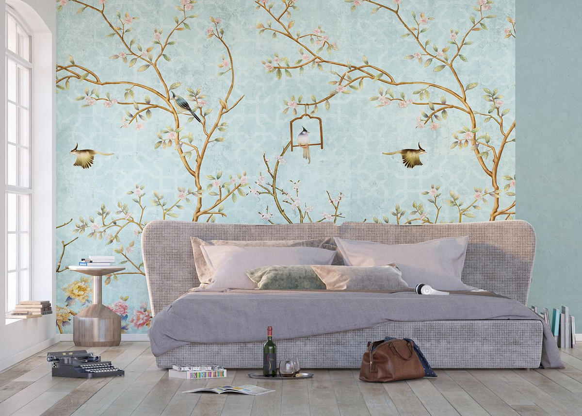 FOTOTAPETE Blumen und Vögel 375 x 270 cm - Blau, Papier (375/270cm) - Sanders & Sanders