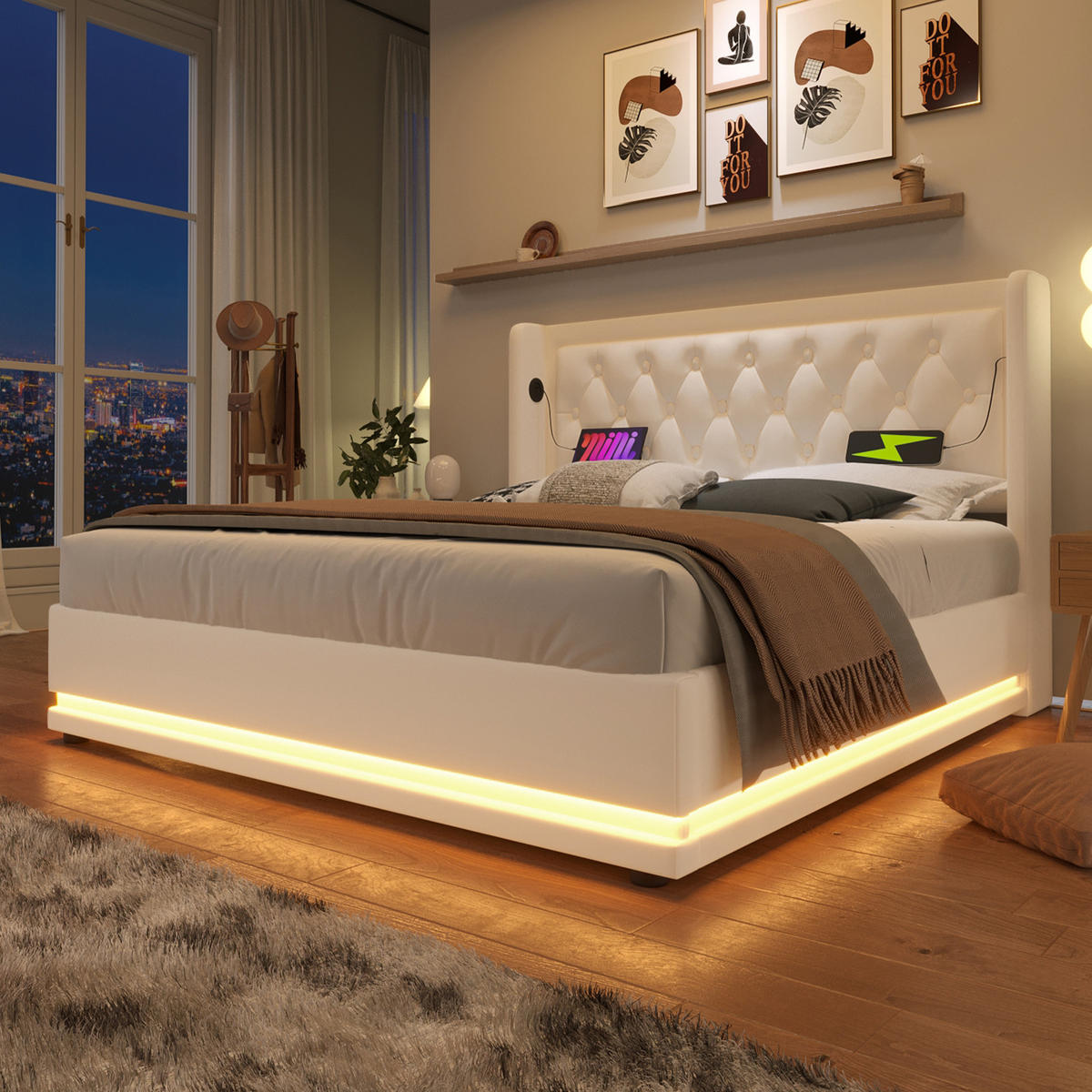 POLSTERBETT mit Bettkasten USB & LED 140x200 cm PU Weiß - Weiß, Metall (140/200cm) - Meubliv