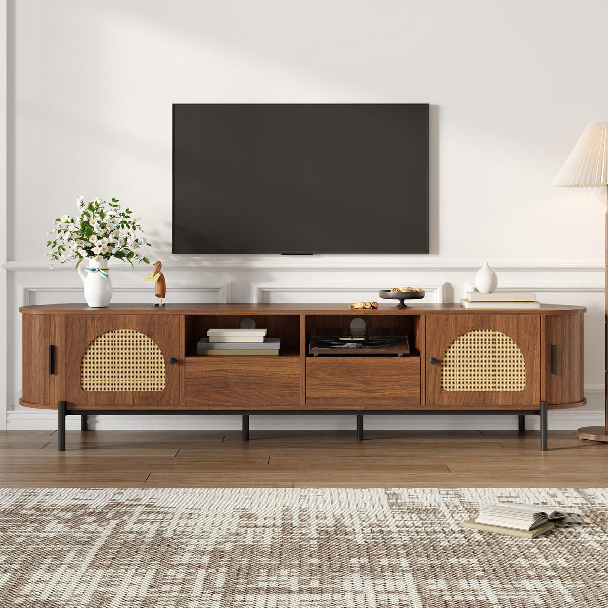 TV SKŘÍŇ v dekoru dřeva Oválná TV skříňka s ratanem a posuvnými dvířky, B200/T40/H49,5cm - černá/hnědá, kov/kompozitní dřevo (200/49.5/40cm) - STILVORA