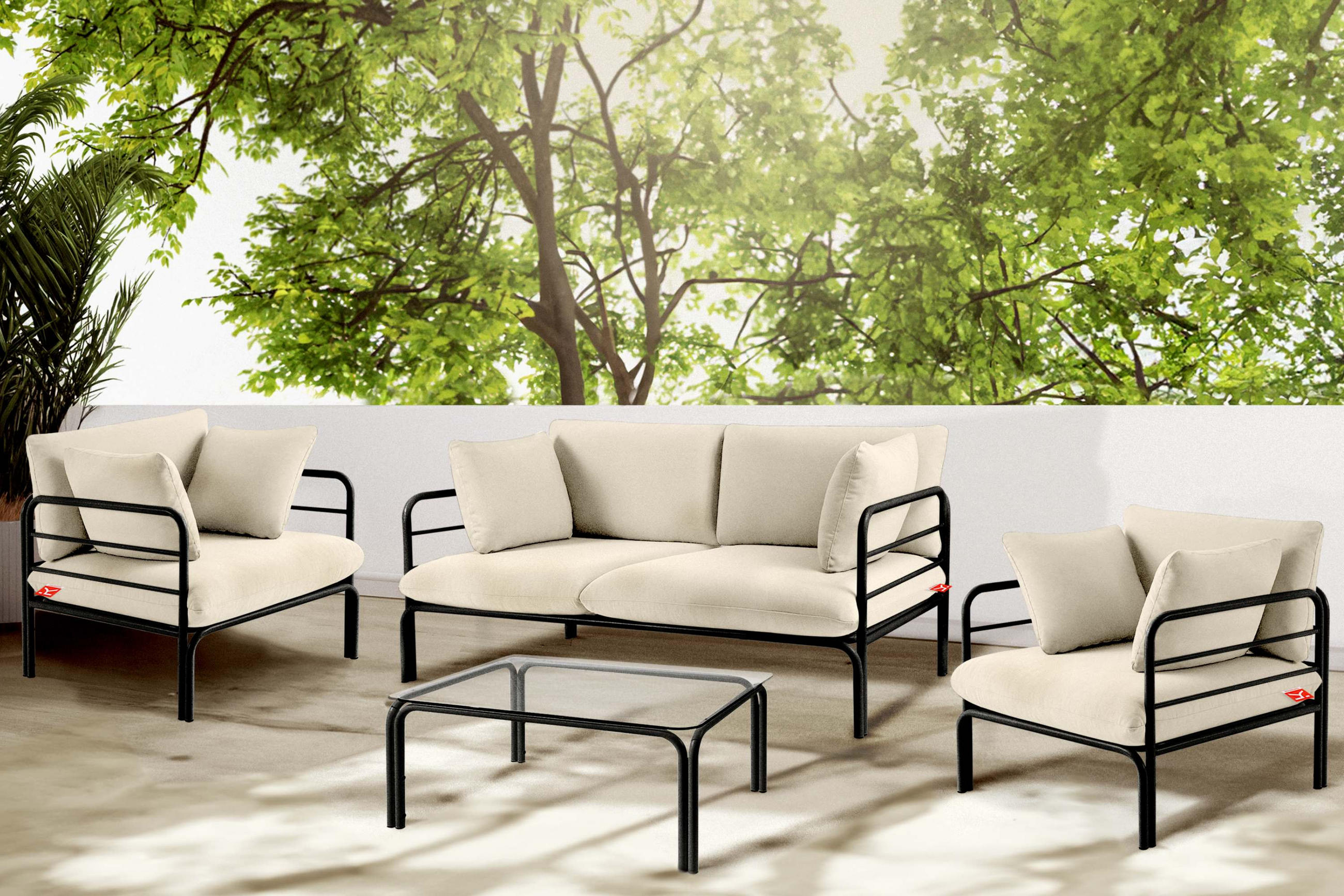 GARTENMÖBELSET RAMBE 4-tlg. 1x Tisch 2x Sessel 1x Sofa 2-Sitzer, mit Kissen, LOFT-STIL, Anthrazit/Cremeweiß - Dunkelgrau/Creme, Textil/Metall - KONSIMO®