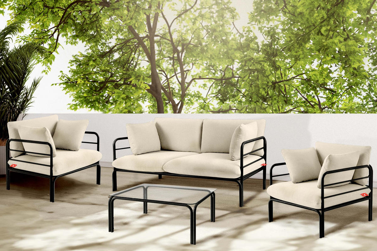GARTENMÖBELSET RAMBE 4-tlg. 1x Tisch 2x Sessel 1x Sofa 2-Sitzer, mit Kissen, LOFT-STIL, Anthrazit/Cremeweiß - Dunkelgrau/Creme, Textil/Metall - KONSIMO®