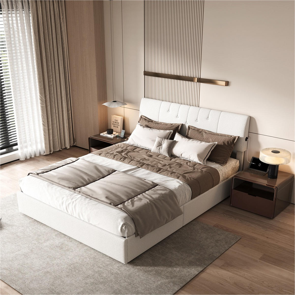 POLSTERBETT 140x200 cm mit hydraulischem Stauraum - USB-Ladeanschlüssen - Gepolstertes Kopfteil - ohne Matratze - Creme, Textil (140/200cm) - DELFA
