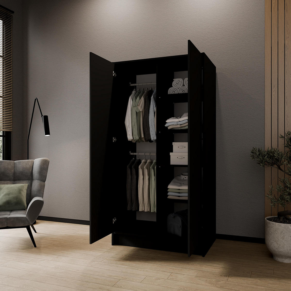 DREHTÜRENSCHRANK VELAR 102/200/51 cm Modern Kleiderschrank 2-türig Schwarz - Schwarz, Holzwerkstoff (102/200/51cm) - MASSENO