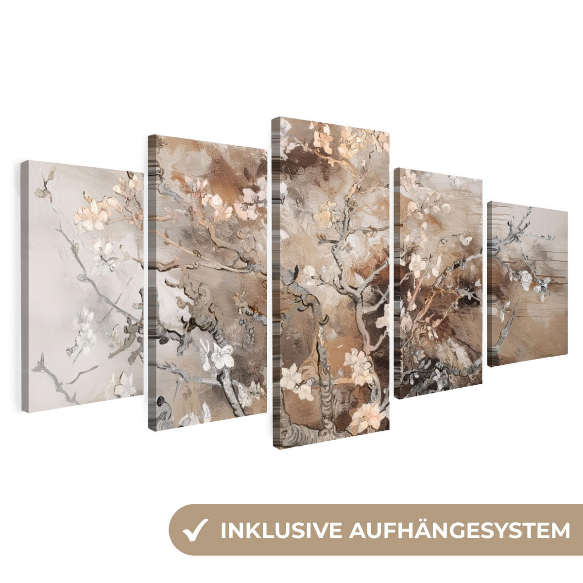 LEINWANDBILD 5er Set Mandelblüte - Abstrakt - Beige 100x50 cm - Beige, Textil (100/50cm) - MuchoWow