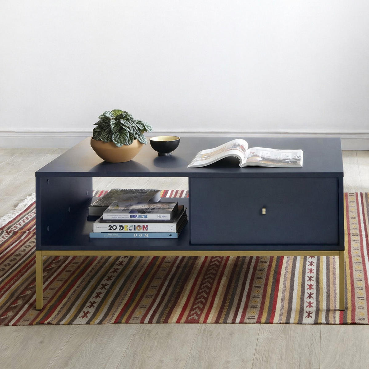 COUCHTISCH BARI Ł2SZ (Blau, Goldene Griffe, Goldenes Gestell, Schubladen) - Goldfarben/Dunkelblau, Holz/Holzwerkstoff (68/104/46cm) - Ravio