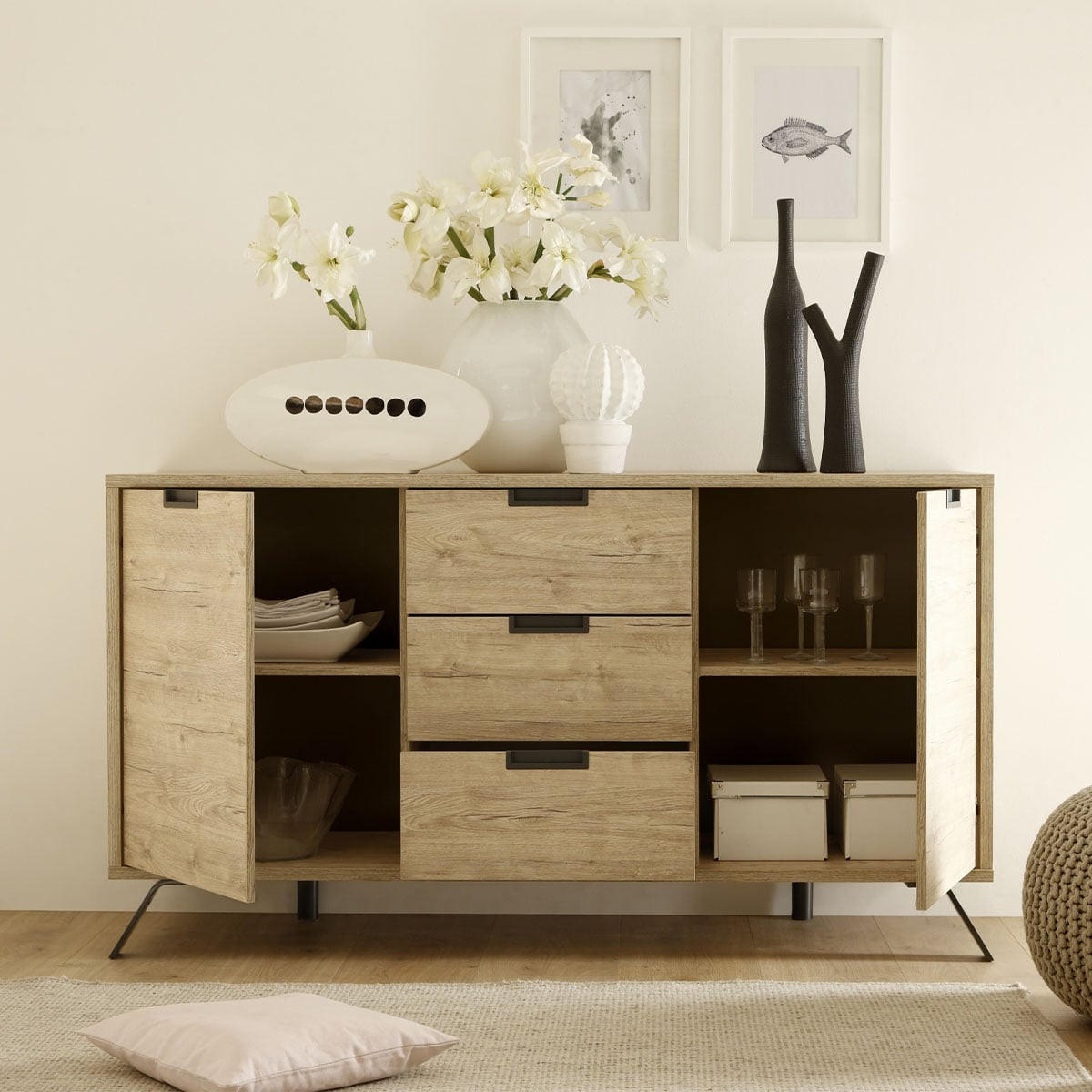 SIDEBOARD mit 2 Türen und 3 Schubladen L156 cm - Palma - Eschefarben, Holzwerkstoff (50/85.4/57cm) - Calicosy