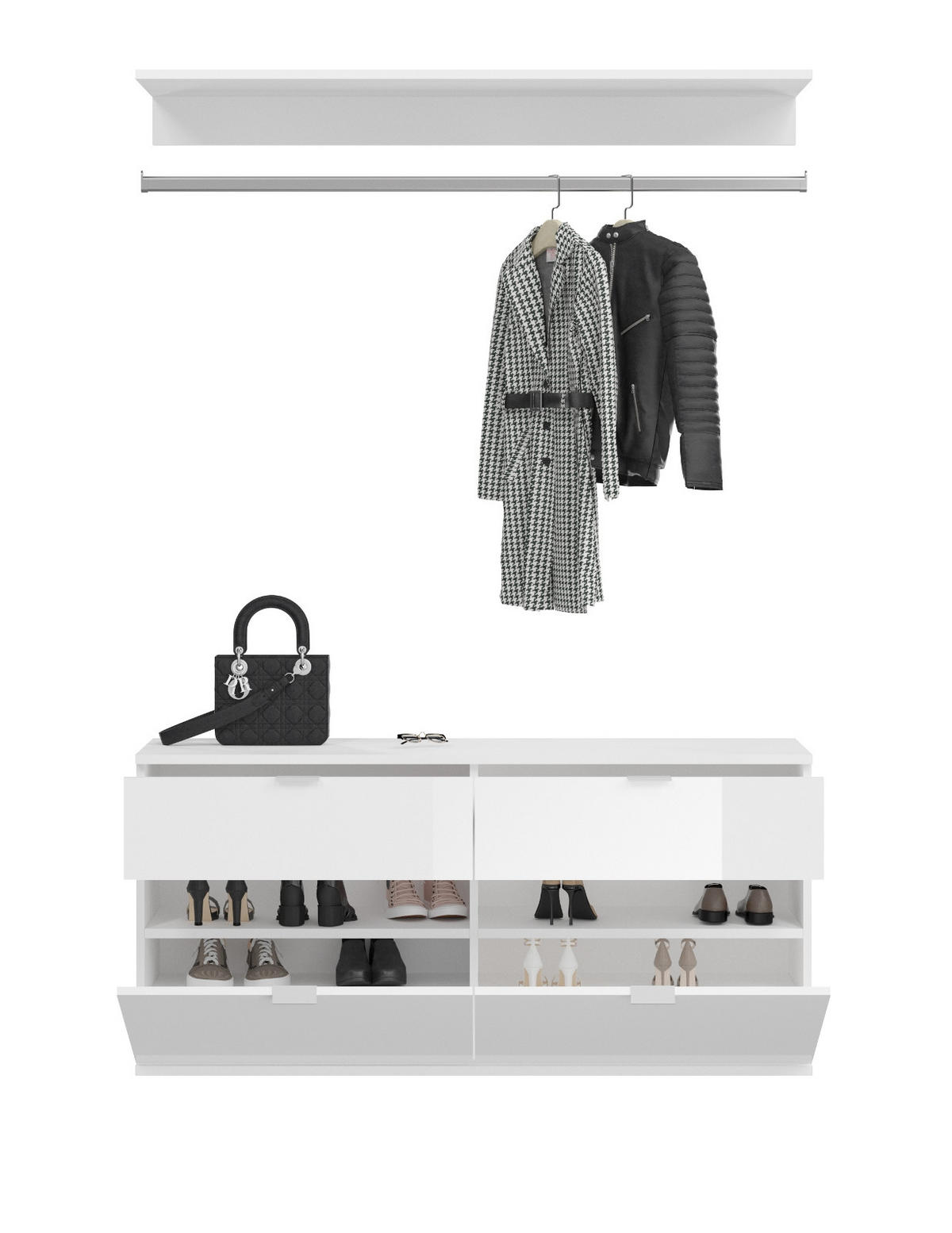 GARDEROBEN-SET weiß Hochglanz 243 cm mit Spiegel, Flurgarderobe - Chromfarben/Weiß Hochglanz, Glas/Holzwerkstoff (243/193/34cm) - Inn.Furn