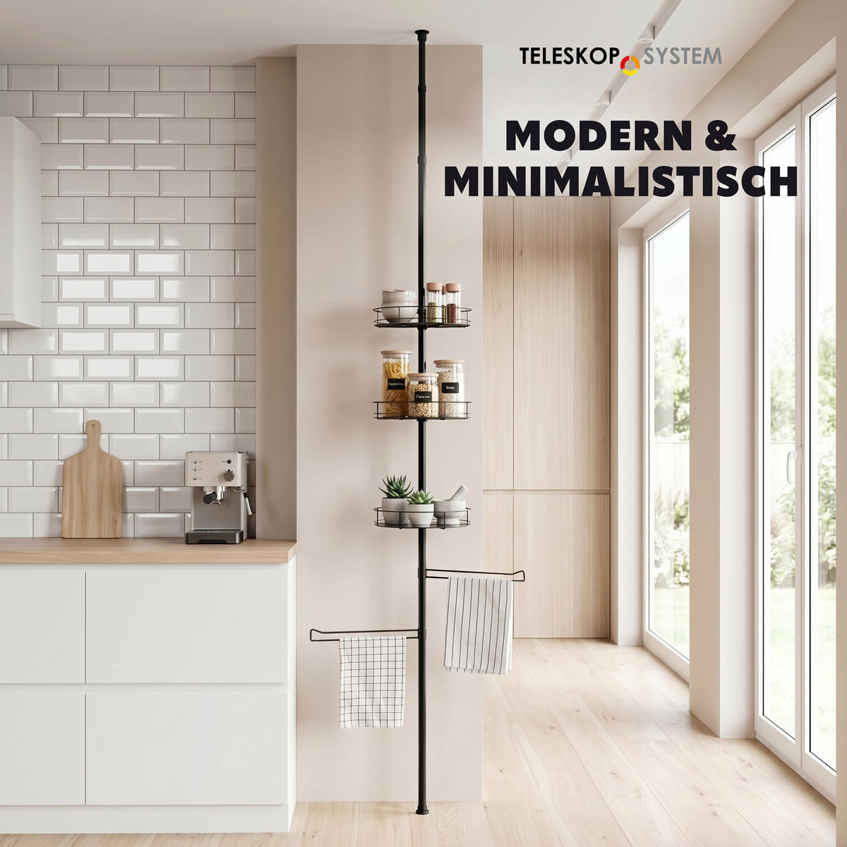 TELESKOP-KÜCHENREGAL, ausziehbar bis max. 290 cm, Metall, schwarz - Schwarz, Metall (31.5/290/31.5cm) - bremermann