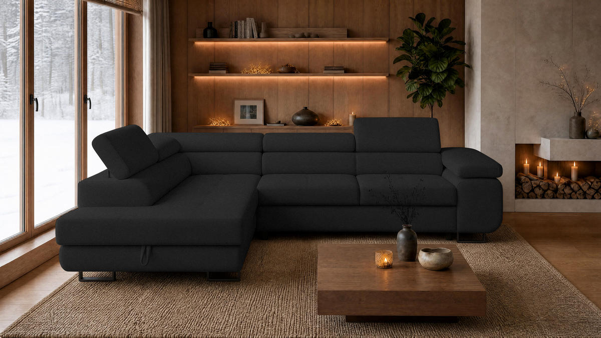 ECKSOFA Velmo mit Bettkasten und Schlaffunktion, verstellbaren Kopfstützen, in L-Form - Dunkelgrau, Textil (275/203cm)