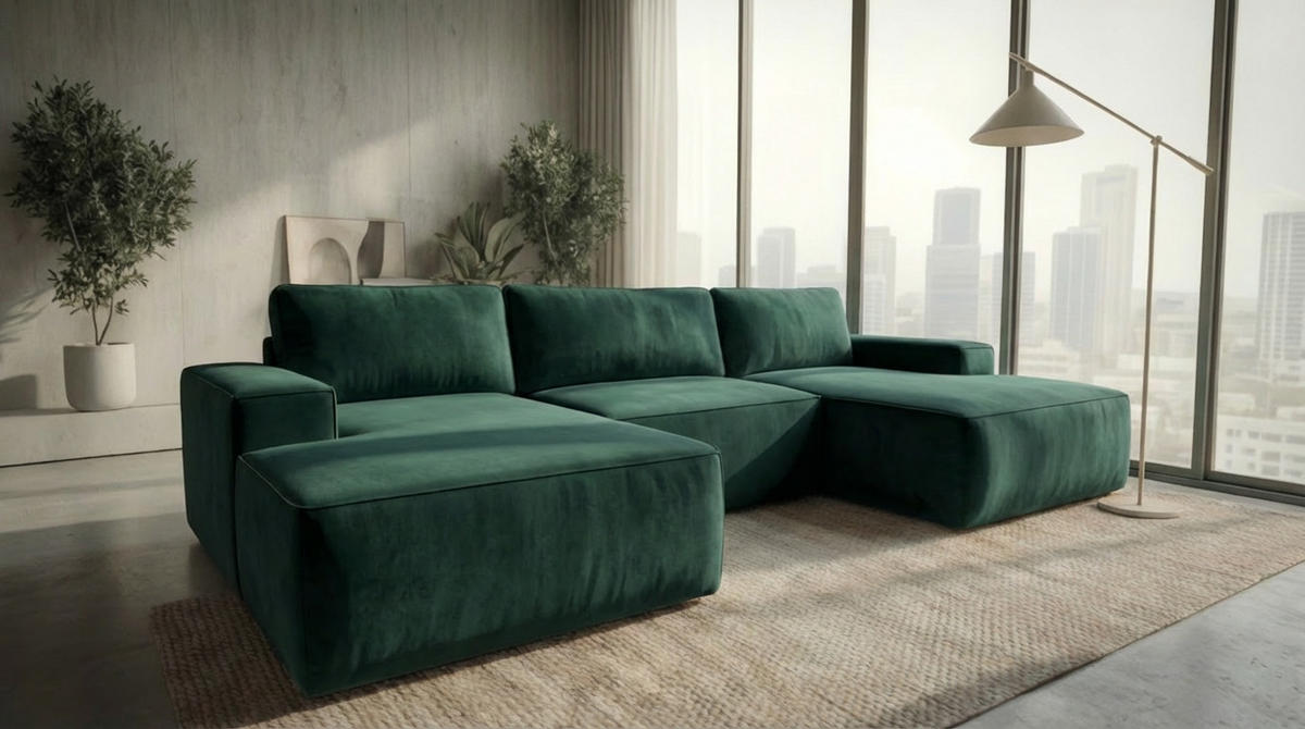 ECKSOFA EINAR 362 cm x 170 cm – Stoff: VELUTTO Dunkelgrun 10 Farbe: Grün - Grün, Textil (362/170cm) - A&J MöbelLand