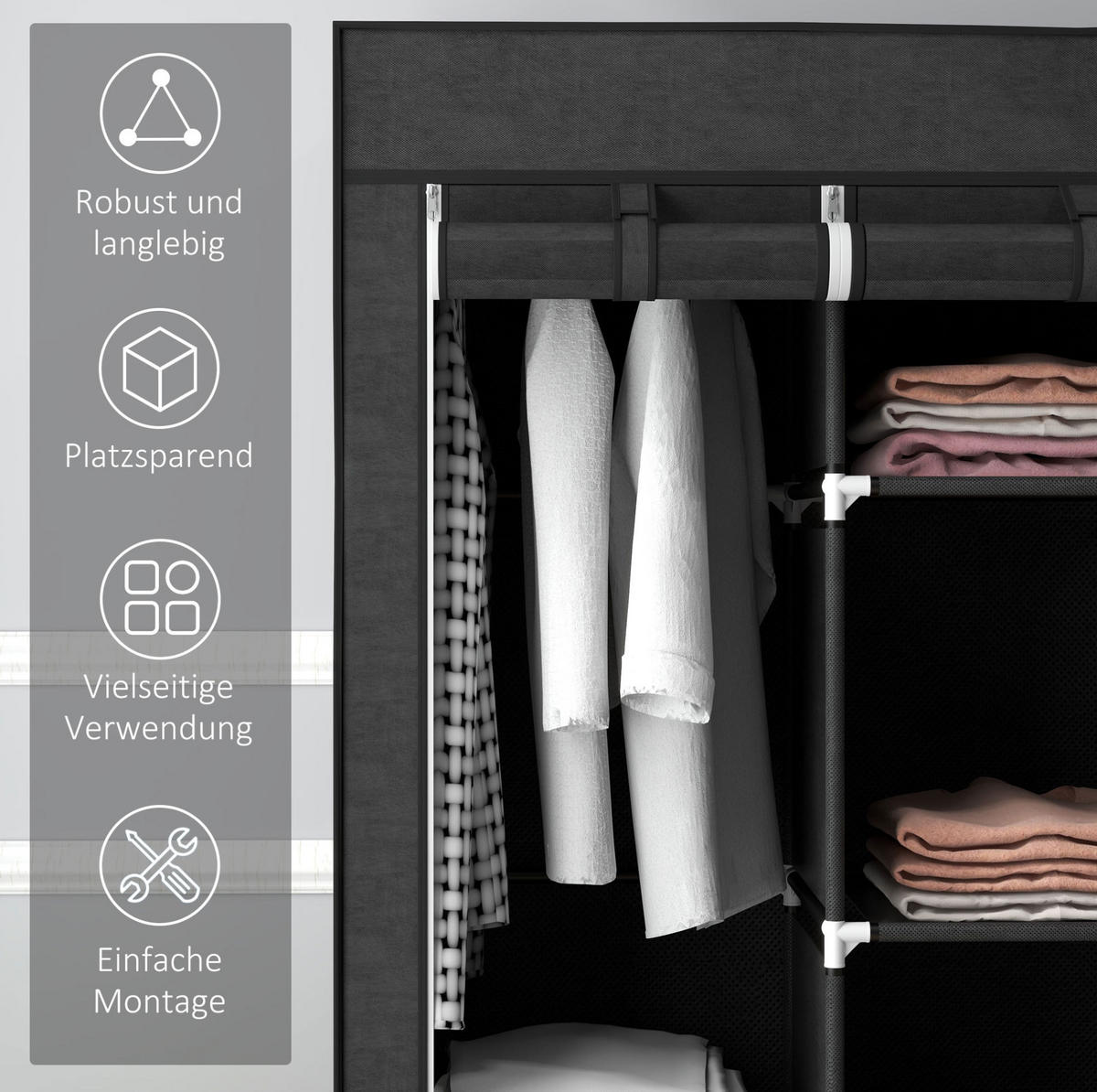 KLEIDERSCHRANK 125/162,5/43 cm Schwarz aus Stoff mit Kleiderstange - Schwarz, Textil (43/162.5/125cm) - OKMYHOME