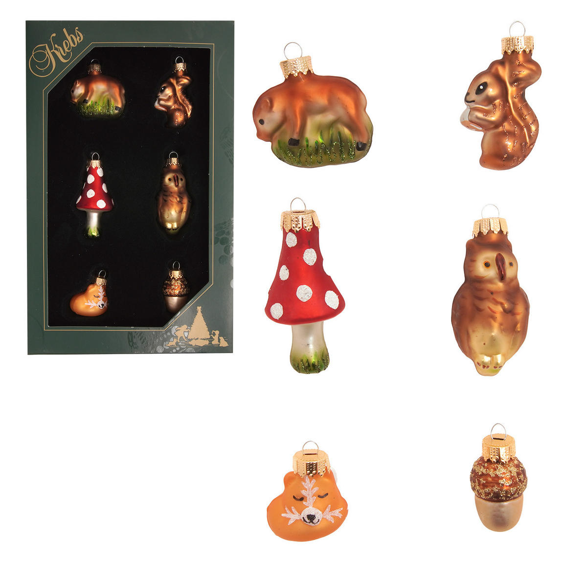 CHRISTBAUMSCHMUCK Waldtiere Mini-Set Mehrfarbig 5cm (Glas / 6 Stk.) - Multicolor, Glas (3/5/3cm) - Krebs Glas Lauscha